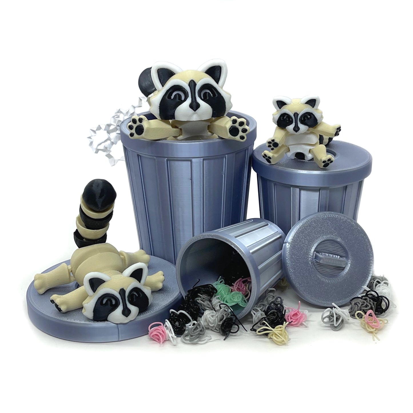 Articulated Racoon with Trash Can, 3D Printed Cookies and Cream Racoons, Trashcan Raccoon, Trash can, Raccoon Toy, Trash Panda, Fidget ADHD Autism Toy AR005