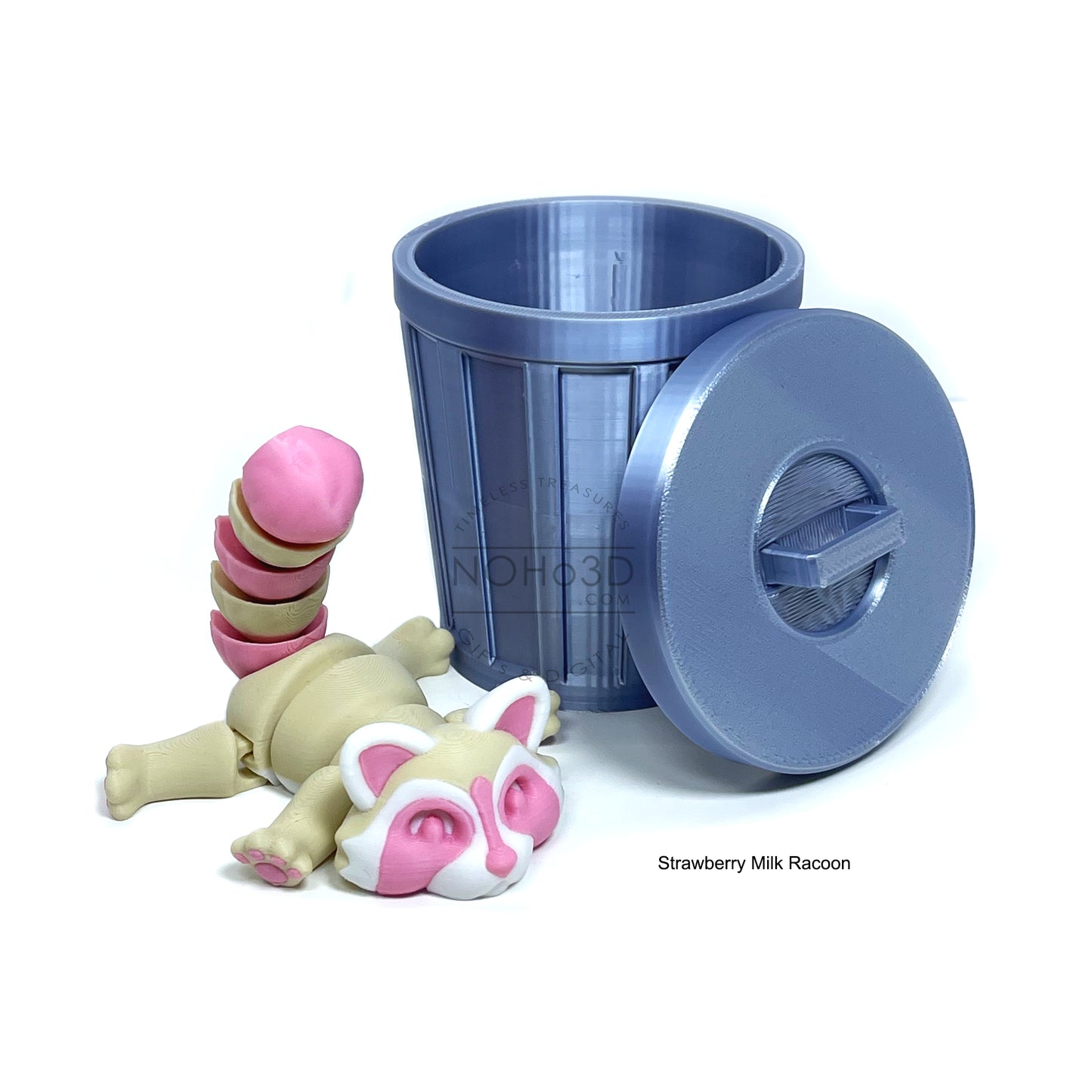 Articulated Racoon with Trash Can, 3D Printed Strawberry Milk Racoons, Trashcan Raccoon, Trash can, Raccoon Toy, Trash Panda, Fidget ADHD Autism Toy AR007