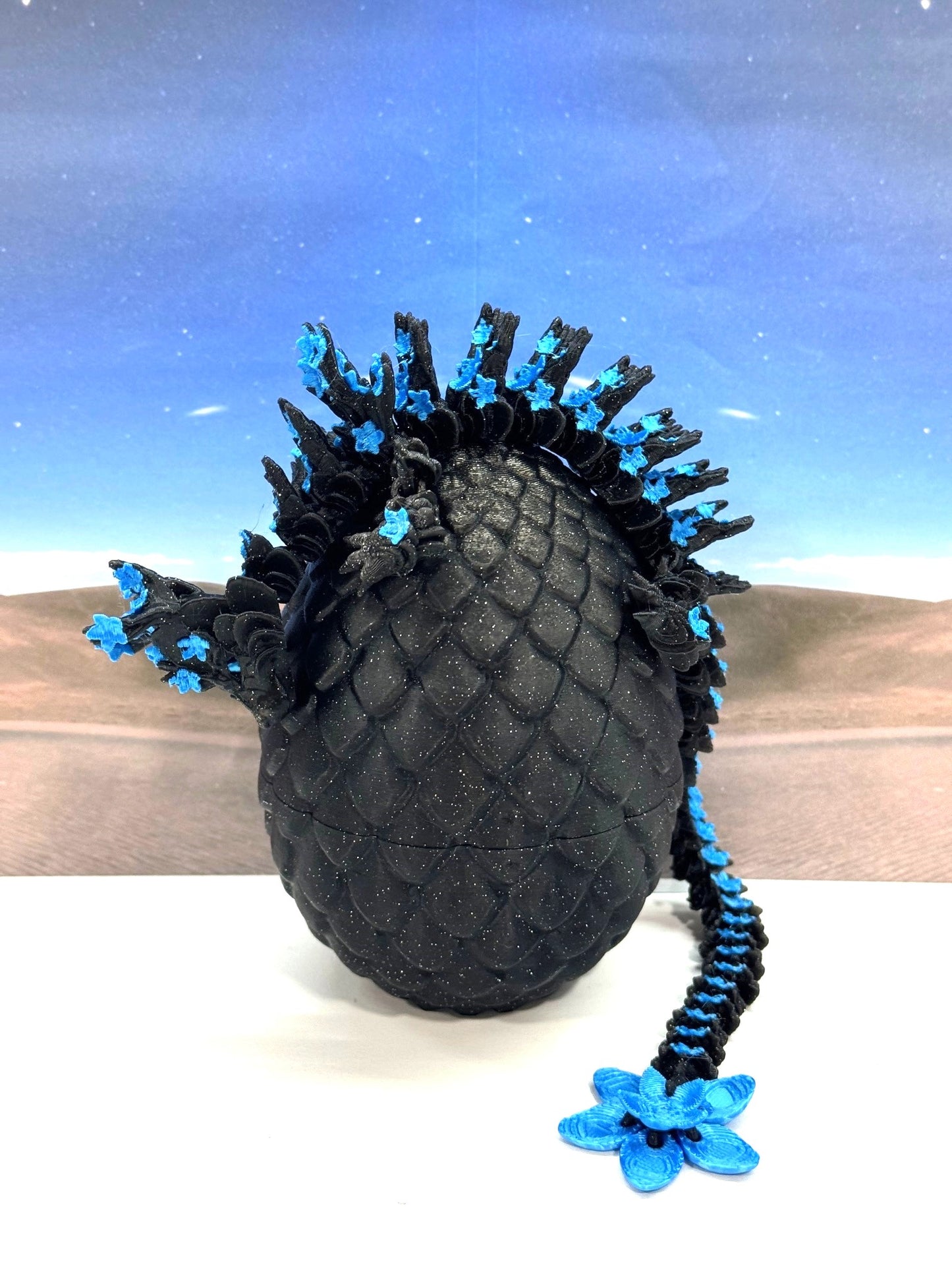 3D Printed Dragon with Dragon Egg, 12 Inches Articulated Dragon, Black and Blue Cherry Blossom Dragon, Fidget ADHD Autism Toy, Relief Anxiety Dragon Toy D053