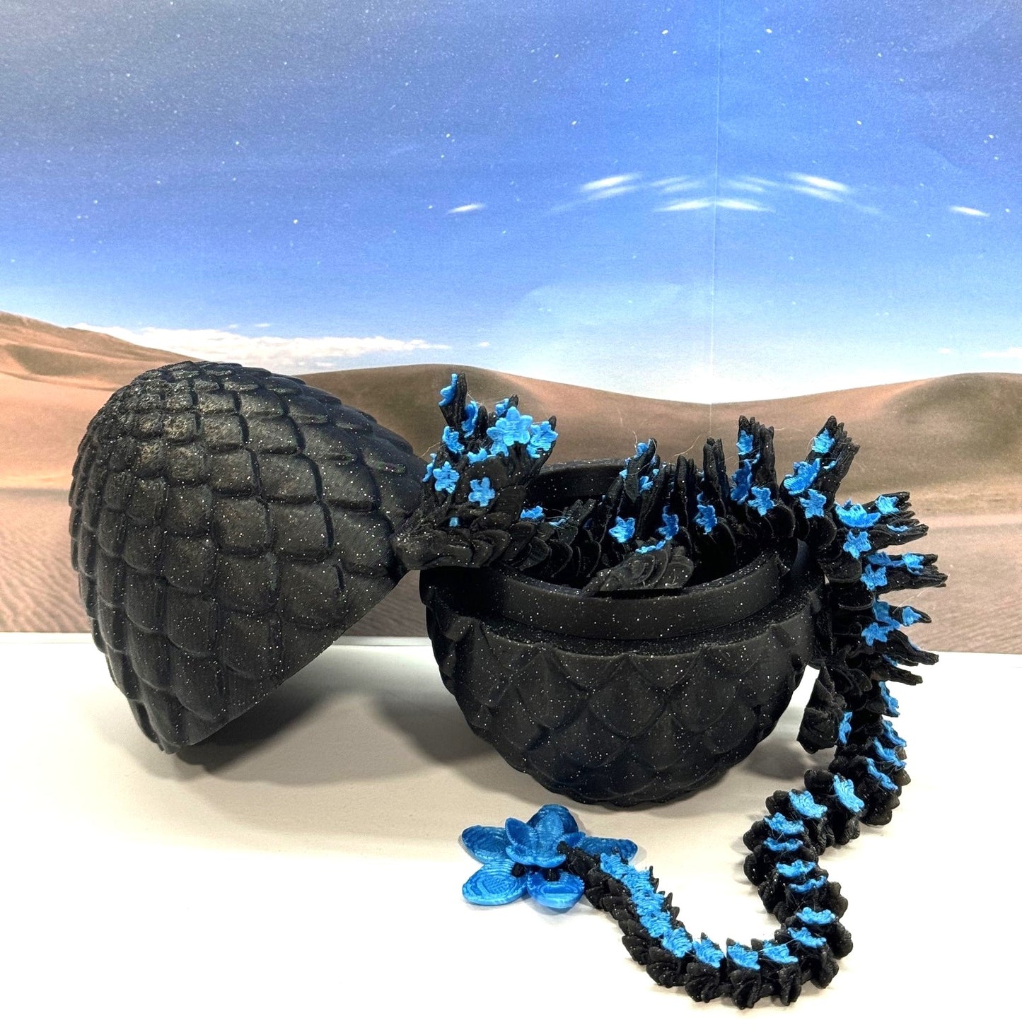 3D Printed Dragon with Dragon Egg, 12 Inches Articulated Dragon, Black and Blue Cherry Blossom Dragon, Fidget ADHD Autism Toy, Relief Anxiety Dragon Toy D053