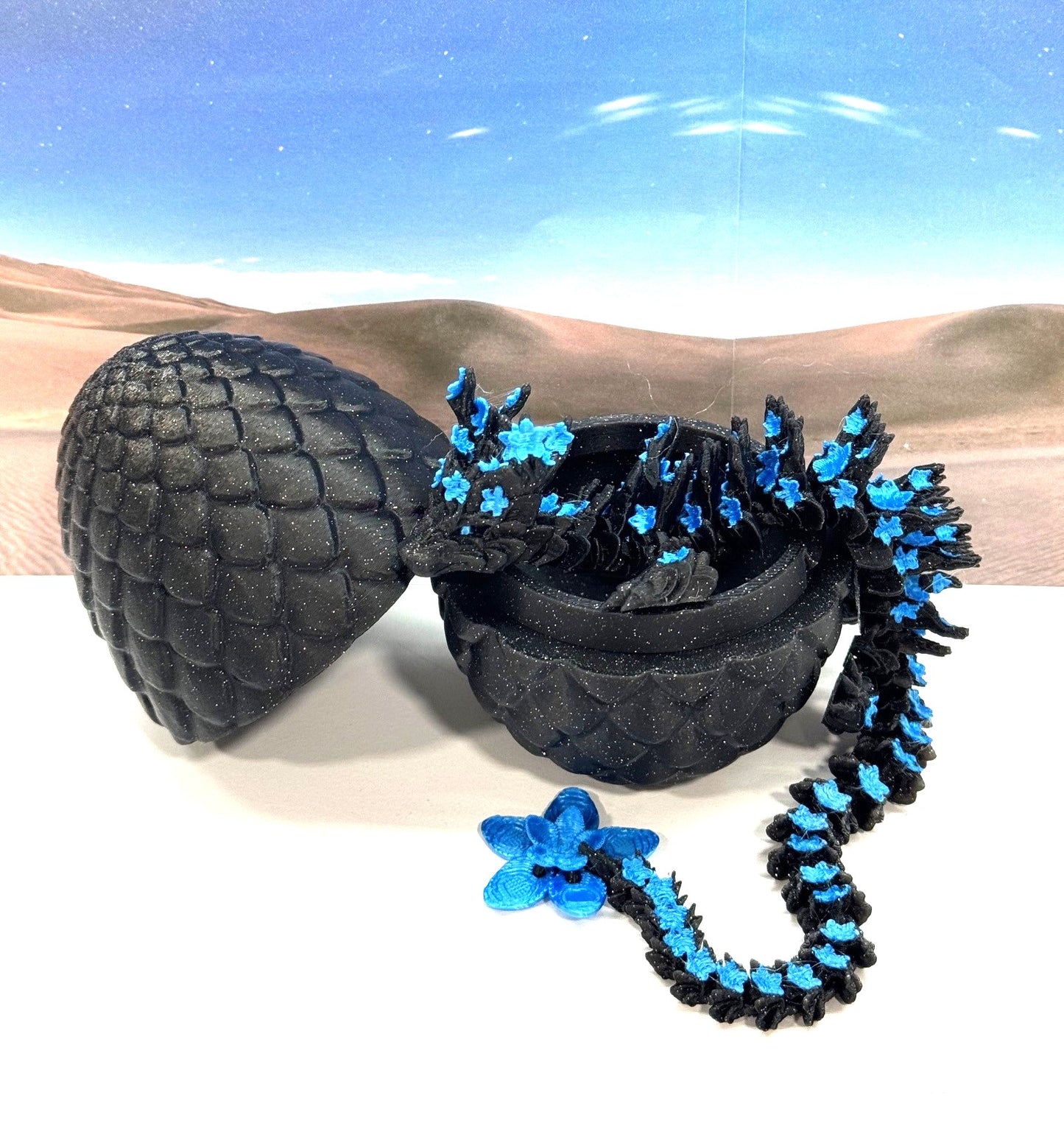 3D Printed Dragon with Dragon Egg, 12 Inches Articulated Dragon, Black and Blue Cherry Blossom Dragon, Fidget ADHD Autism Toy, Relief Anxiety Dragon Toy D053