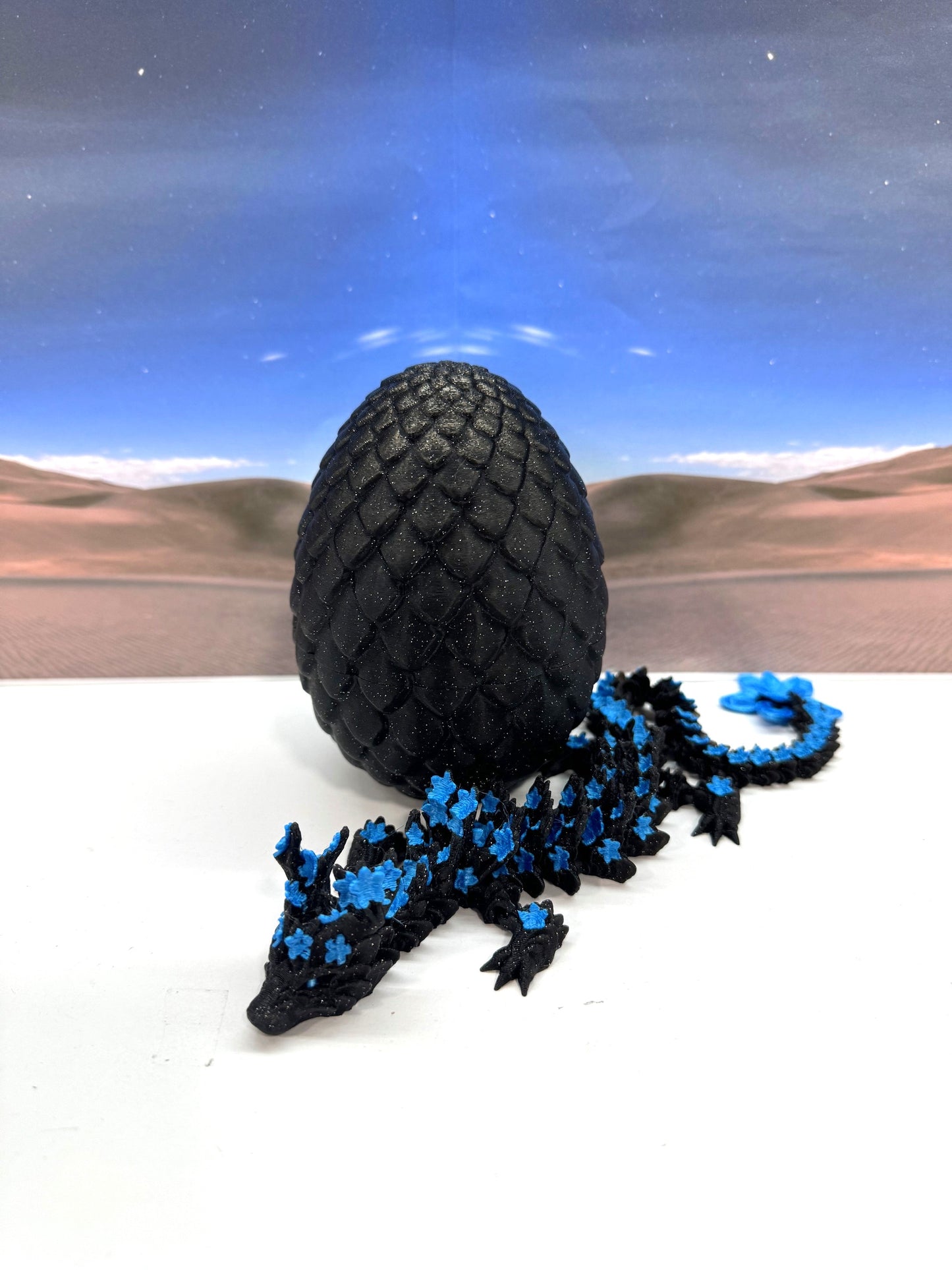 3D Printed Dragon with Dragon Egg, 12 Inches Articulated Dragon, Black and Blue Cherry Blossom Dragon, Fidget ADHD Autism Toy, Relief Anxiety Dragon Toy D053