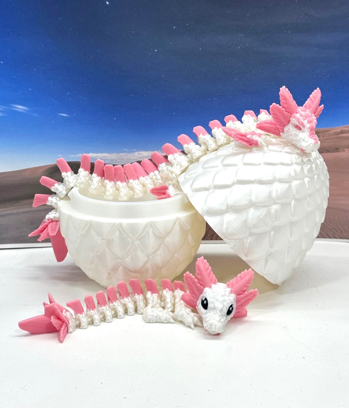 2pcs 3D Printed Dragons with Dragon Egg, Articulated Mother and Baby Axolotl Dragons, 3D Printed White and Pink Dragons, Fidget ADHD Autism Toy MCD-041-008WP