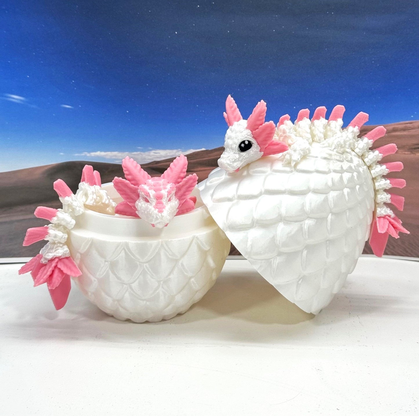 2pcs 3D Printed Dragons with Dragon Egg, Articulated Mother and Baby Axolotl Dragons, 3D Printed White and Pink Dragons, Fidget ADHD Autism Toy MCD-041-008WP