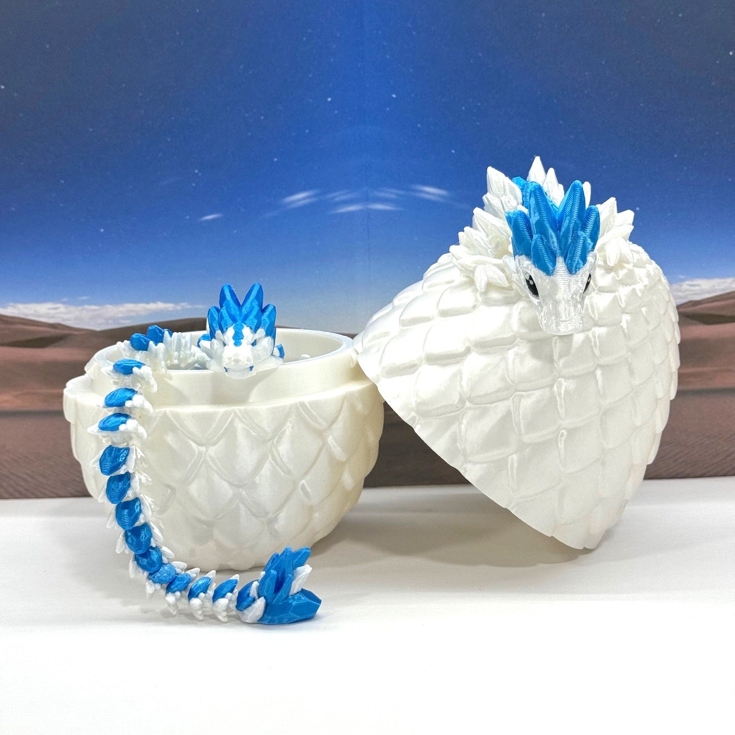 2pcs 3D Printed Dragons with Dragon Egg, Articulated Mother and Baby Gemstone Dragons, 3D Printed White and Blue Dragons, Fidget ADHD Autism Toy MCD-063-008WB