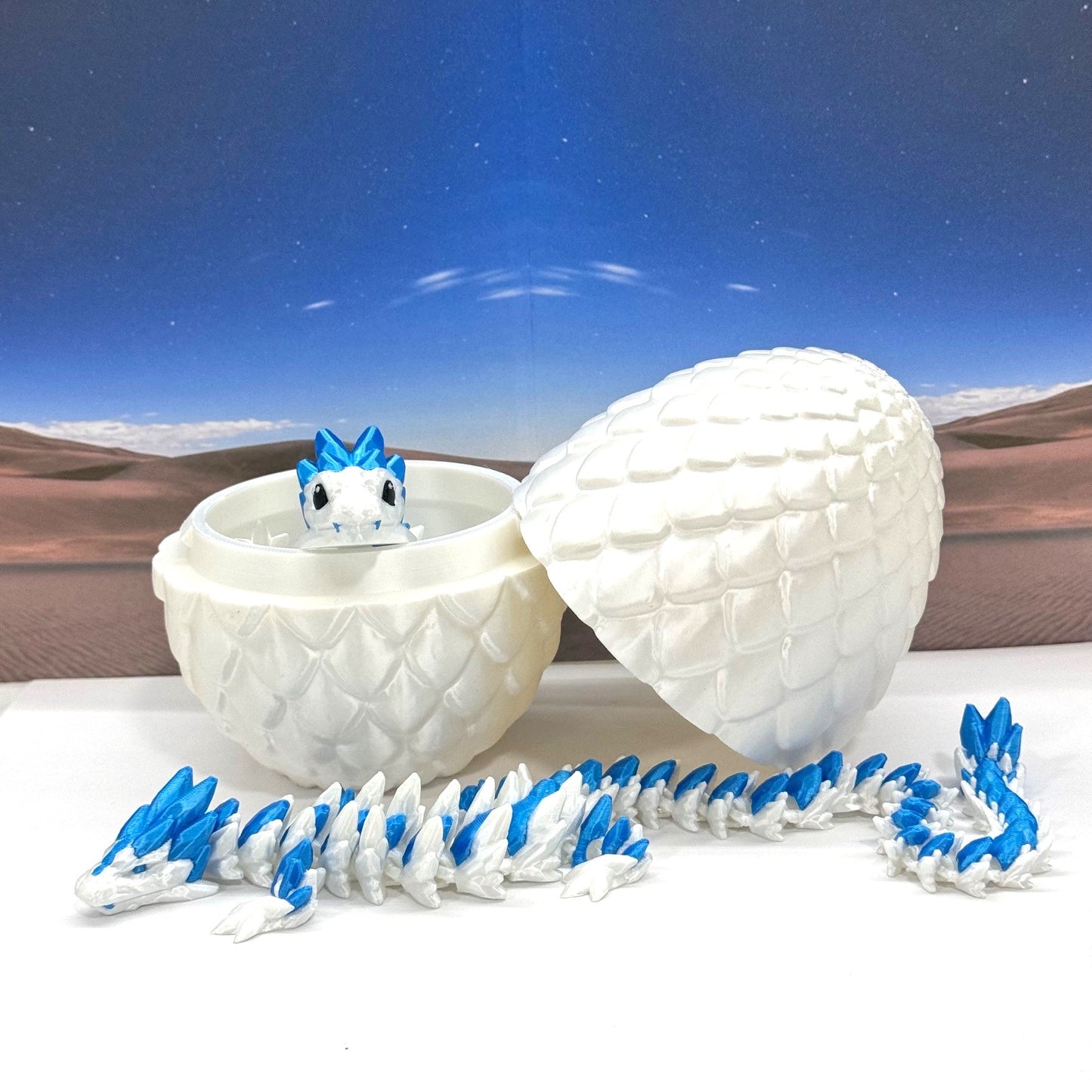 2pcs 3D Printed Dragons with Dragon Egg, Articulated Mother and Baby Gemstone Dragons, 3D Printed White and Blue Dragons, Fidget ADHD Autism Toy MCD-063-008WB