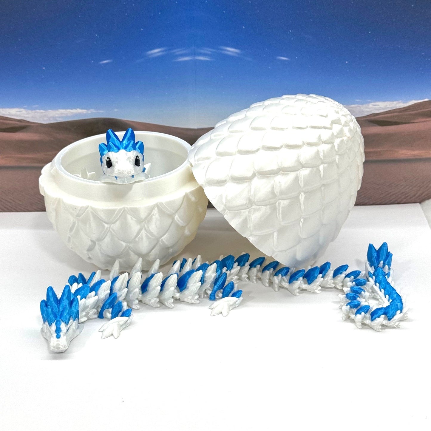 2pcs 3D Printed Dragons with Dragon Egg, Articulated Mother and Baby Gemstone Dragons, 3D Printed White and Blue Dragons, Fidget ADHD Autism Toy MCD-063-008WB