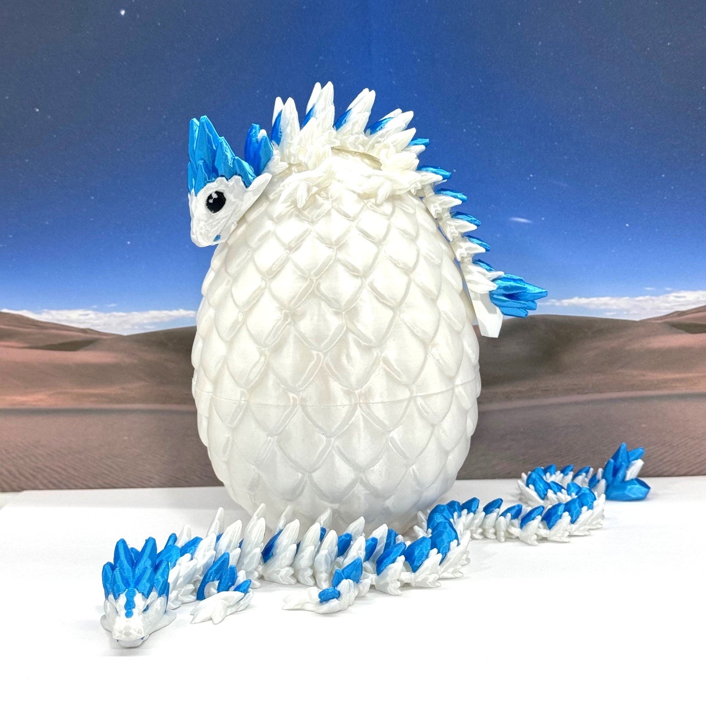 2pcs 3D Printed Dragons with Dragon Egg, Articulated Mother and Baby Gemstone Dragons, 3D Printed White and Blue Dragons, Fidget ADHD Autism Toy MCD-063-008WB