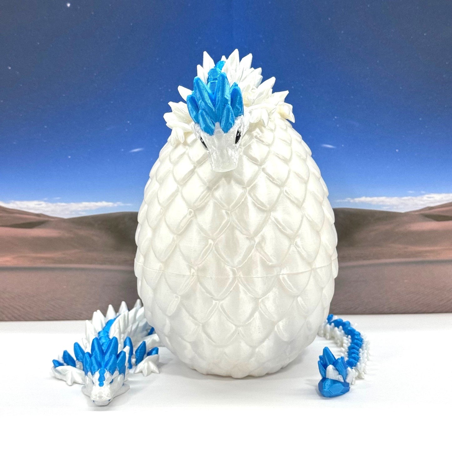 2pcs 3D Printed Dragons with Dragon Egg, Articulated Mother and Baby Gemstone Dragons, 3D Printed White and Blue Dragons, Fidget ADHD Autism Toy MCD-063-008WB