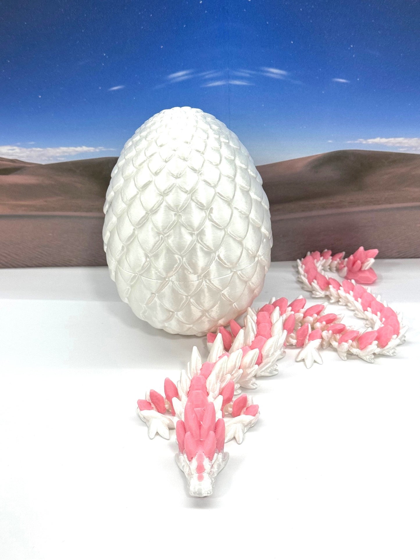 2pcs 3D Printed Dragons with Dragon Egg, Articulated Mother and Baby Gemstone Dragons, 3D Printed White and Pink Dragons, Fidget ADHD Autism Toy MCD-063-008WP