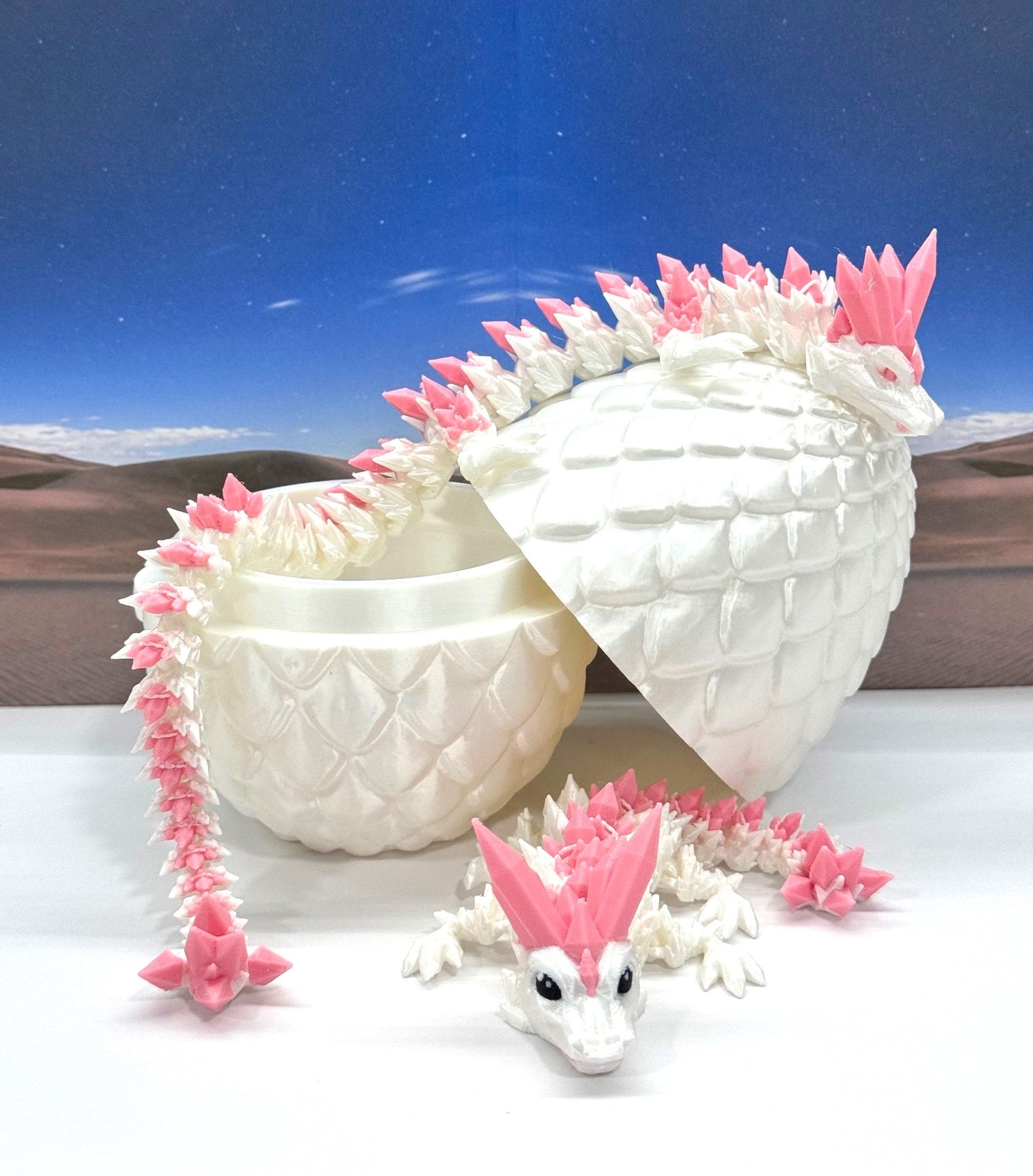 2pcs 3D Printed Dragons with Dragon Egg, Articulated Mother and Baby Crystal Dragons, 3D Printed Gift Birthday Party, Fidget ADHD Autism Toy MCD-062-007-PNK-WB