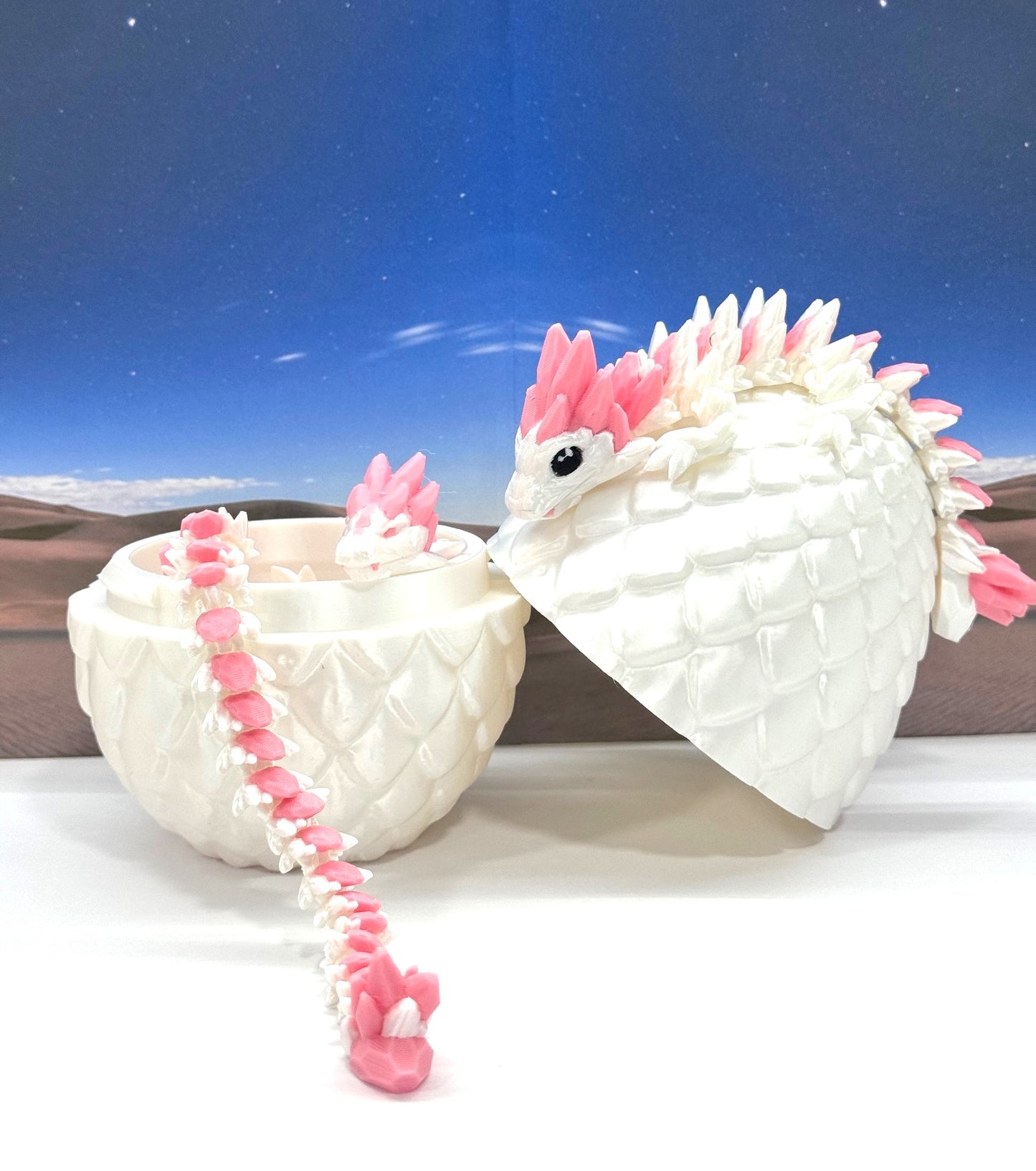 2pcs 3D Printed Dragons with Dragon Egg, Articulated Mother and Baby Gemstone Dragons, 3D Printed White and Pink Dragons, Fidget ADHD Autism Toy MCD-063-008WP