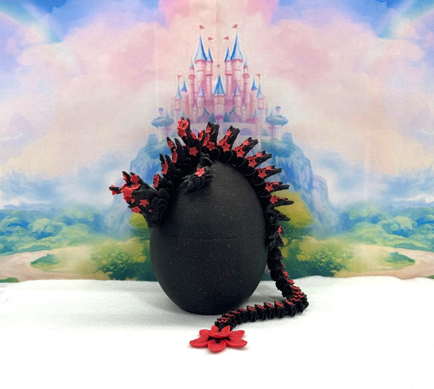 3D Printed Dragon with Dragon Egg, Articulated Dragon, 12" Black and Pink Cherry Blossom Dragon, Fidget Sensory Toy, Flexible ADHD, Autism, Relief Anxiety D020-CLS