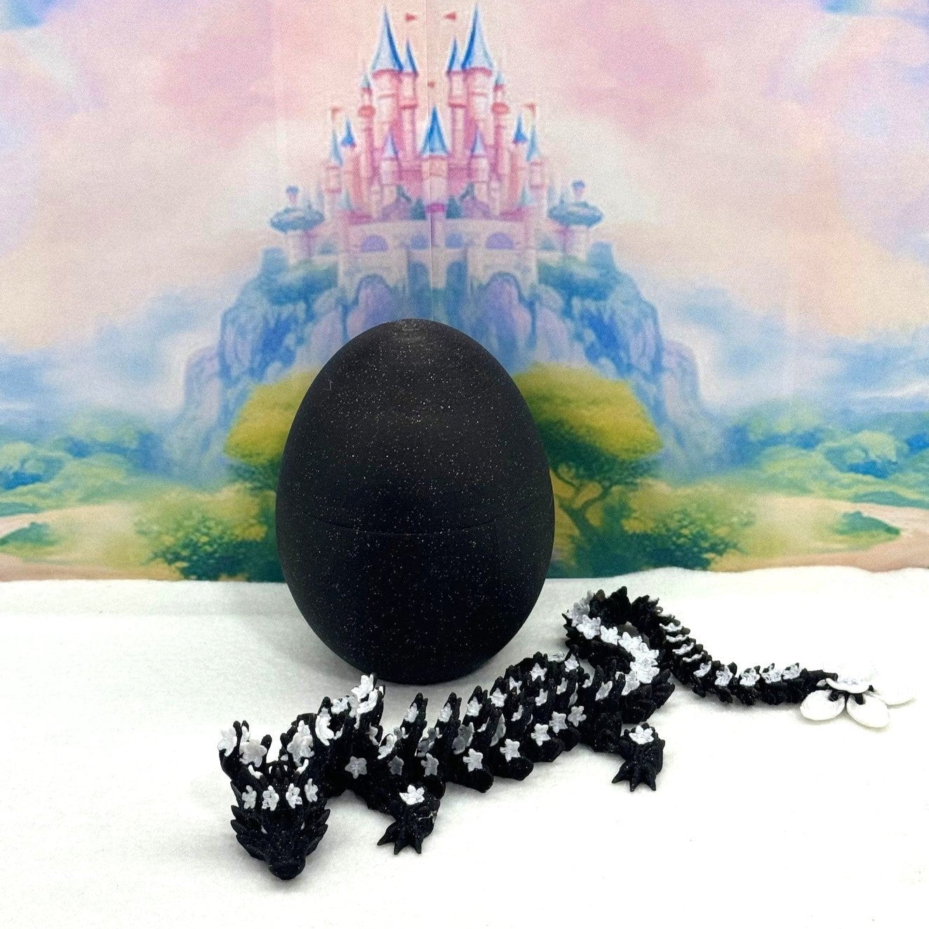 3D Printed Dragon with Dragon Egg, Articulated Dragon, 12" Black and White Cherry Blossom Dragon, Fidget Sensory Toy, Flexible ADHD, Autism, Relief Anxiety D019-CLS