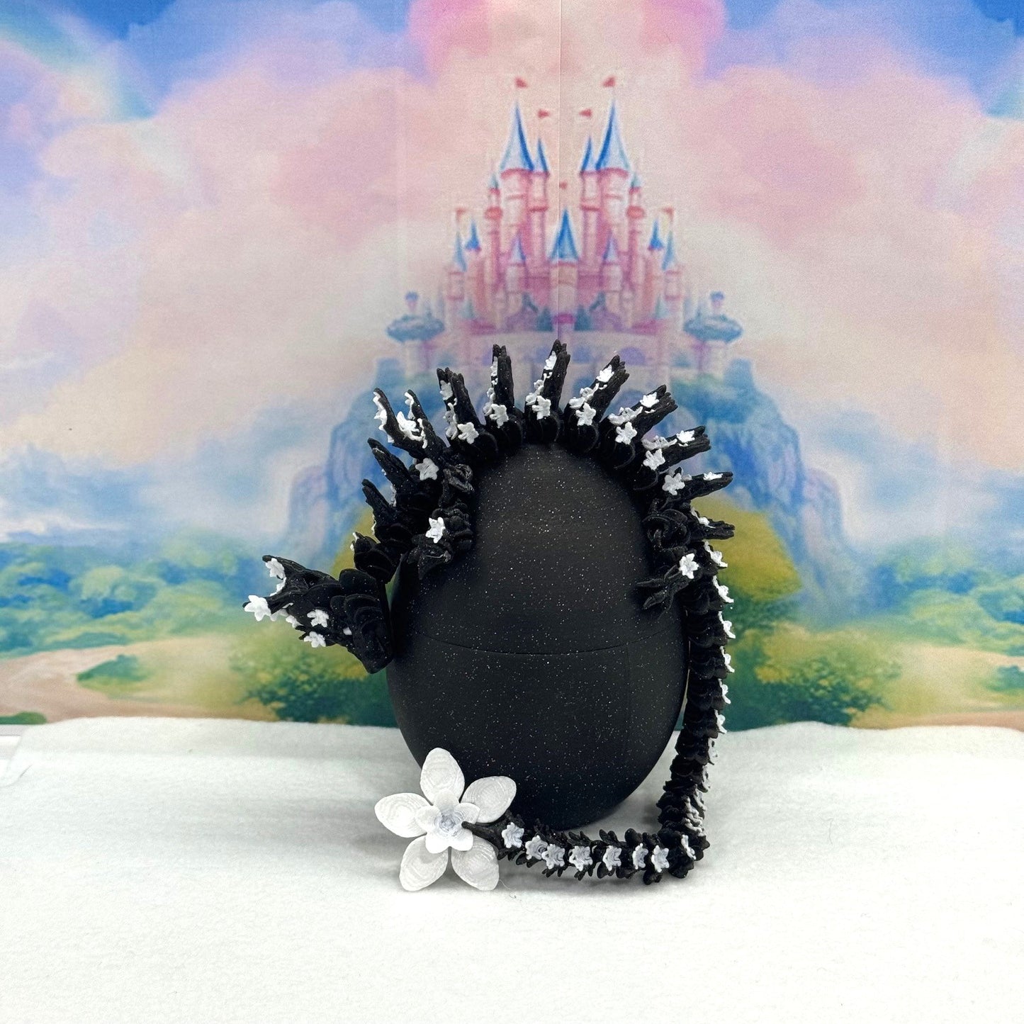 3D Printed Dragon with Dragon Egg, Articulated Dragon, 12" Black and White Cherry Blossom Dragon, Fidget Sensory Toy, Flexible ADHD, Autism, Relief Anxiety D019-CLS