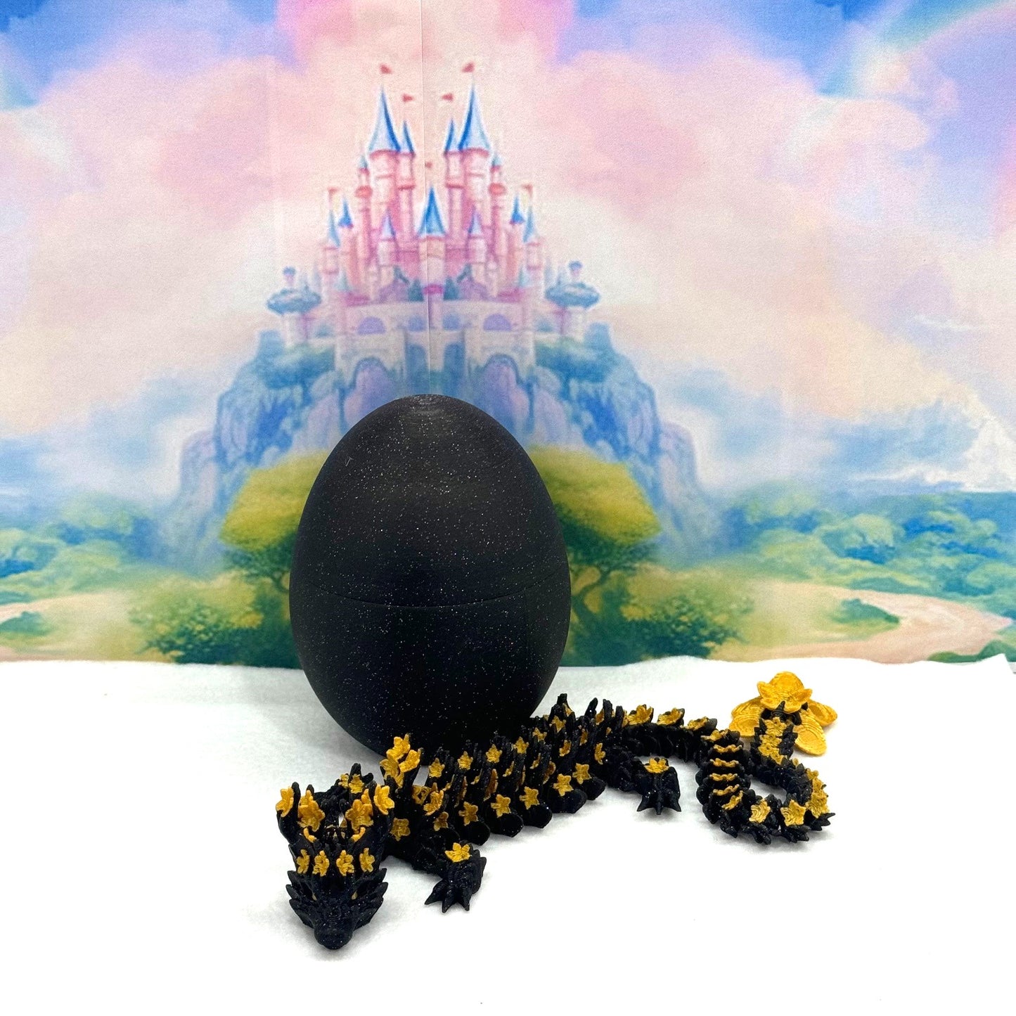 3D Printed Dragon with Dragon Egg, Articulated Dragon, 12" Black and Gold Cherry Blossom Dragon, Fidget Sensory Toy, Flexible ADHD, Autism, Relief Anxiety D043-CLS