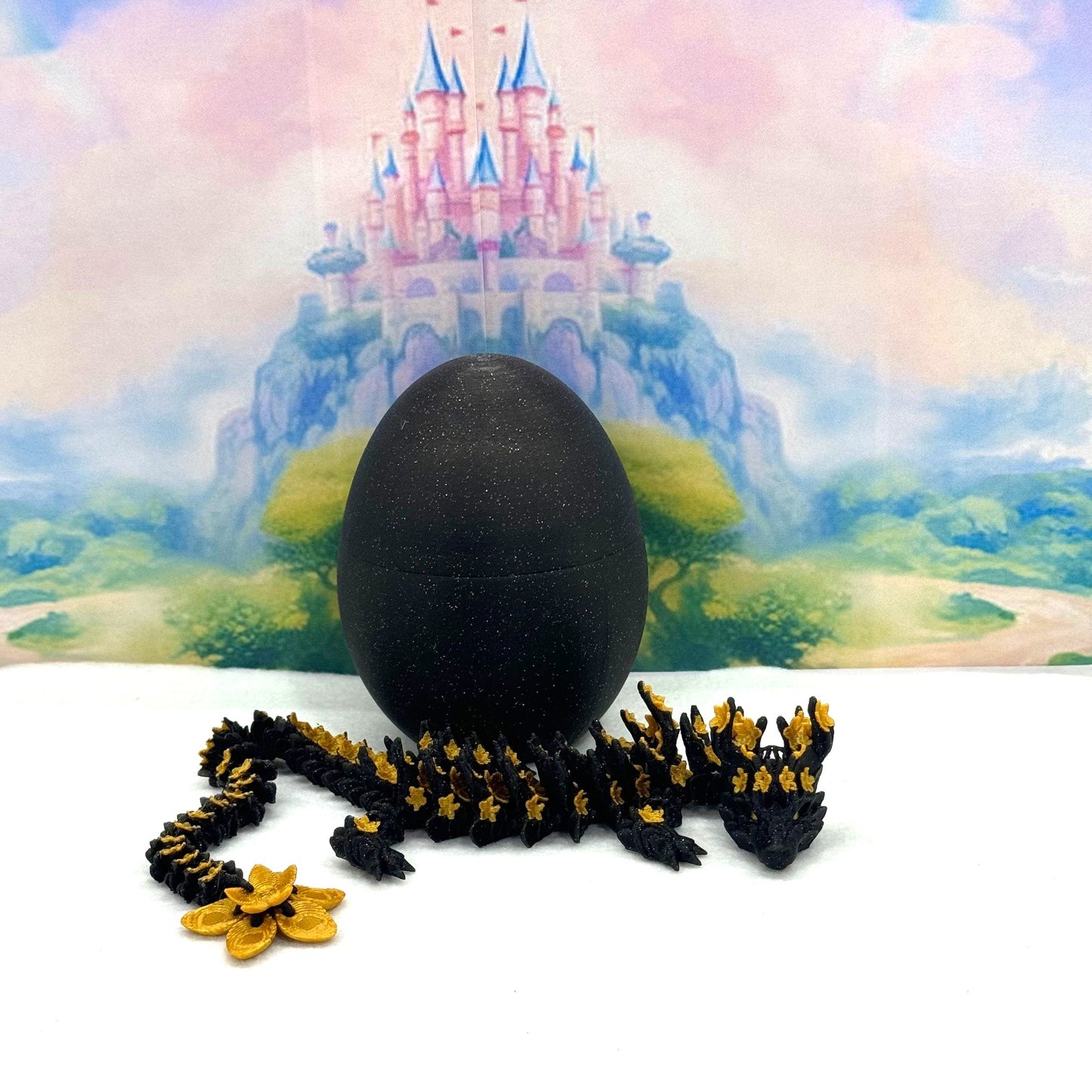 3D Printed Dragon with Dragon Egg, Articulated Dragon, 12" Black and Gold Cherry Blossom Dragon, Fidget Sensory Toy, Flexible ADHD, Autism, Relief Anxiety D043-CLS