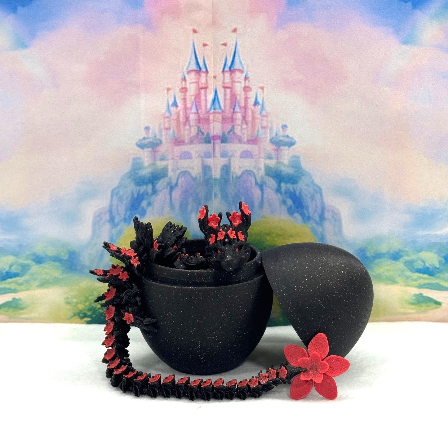 3D Printed Dragon with Dragon Egg, Articulated Dragon, 12" Black and Pink Cherry Blossom Dragon, Fidget Sensory Toy, Flexible ADHD, Autism, Relief Anxiety D020-CLS