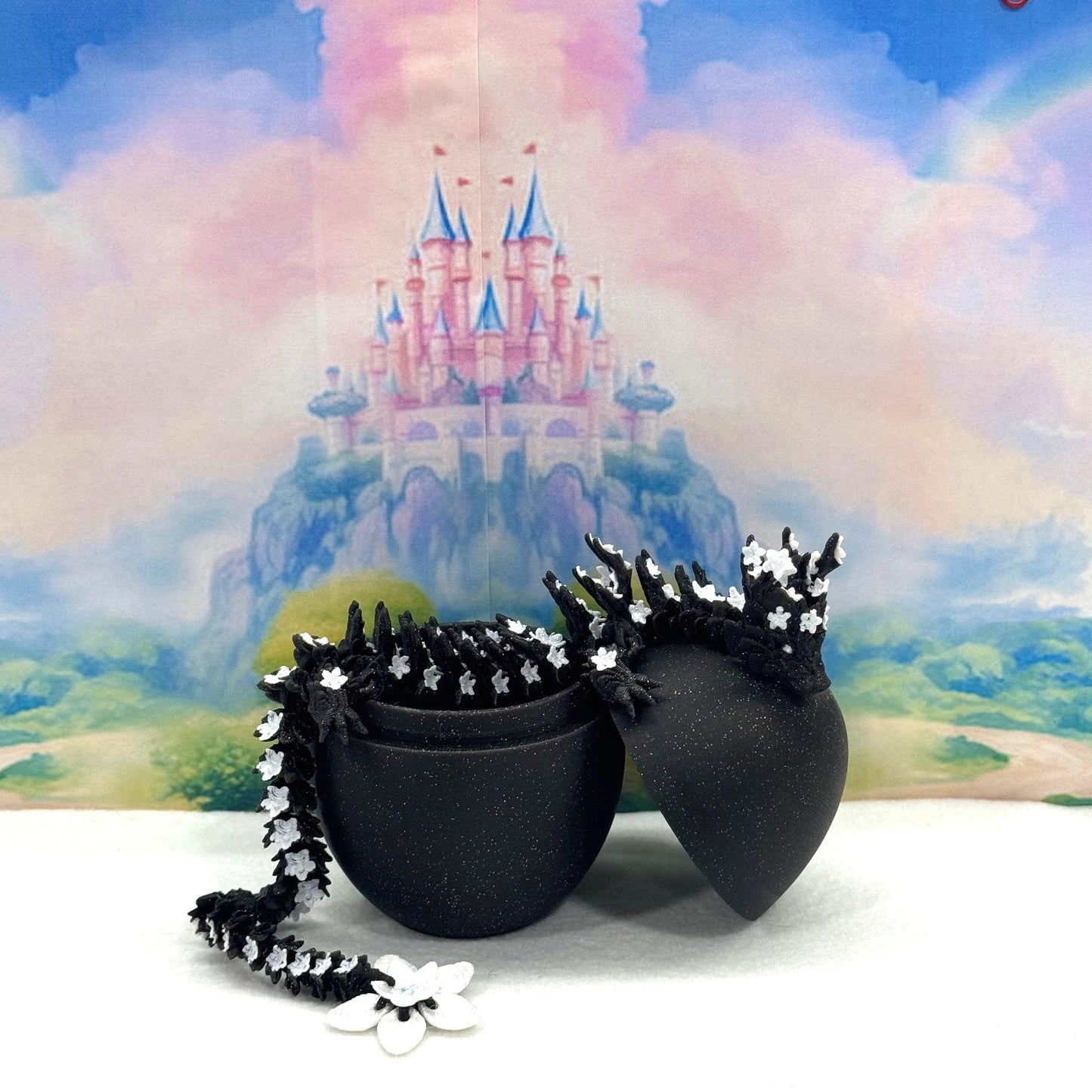 3D Printed Dragon with Dragon Egg, Articulated Dragon, 12" Black and White Cherry Blossom Dragon, Fidget Sensory Toy, Flexible ADHD, Autism, Relief Anxiety D019-CLS