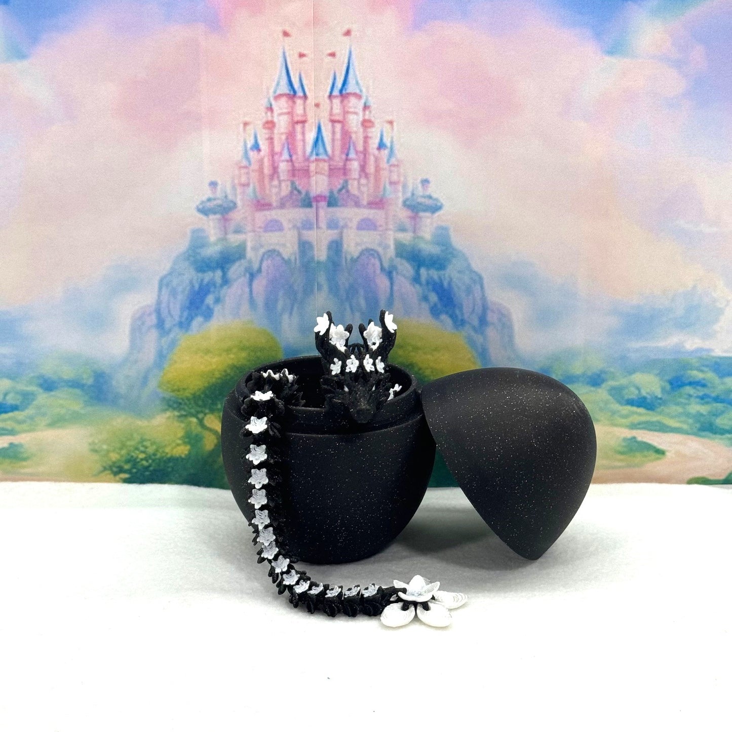 3D Printed Dragon with Dragon Egg, Articulated Dragon, 12" Black and White Cherry Blossom Dragon, Fidget Sensory Toy, Flexible ADHD, Autism, Relief Anxiety D019-CLS