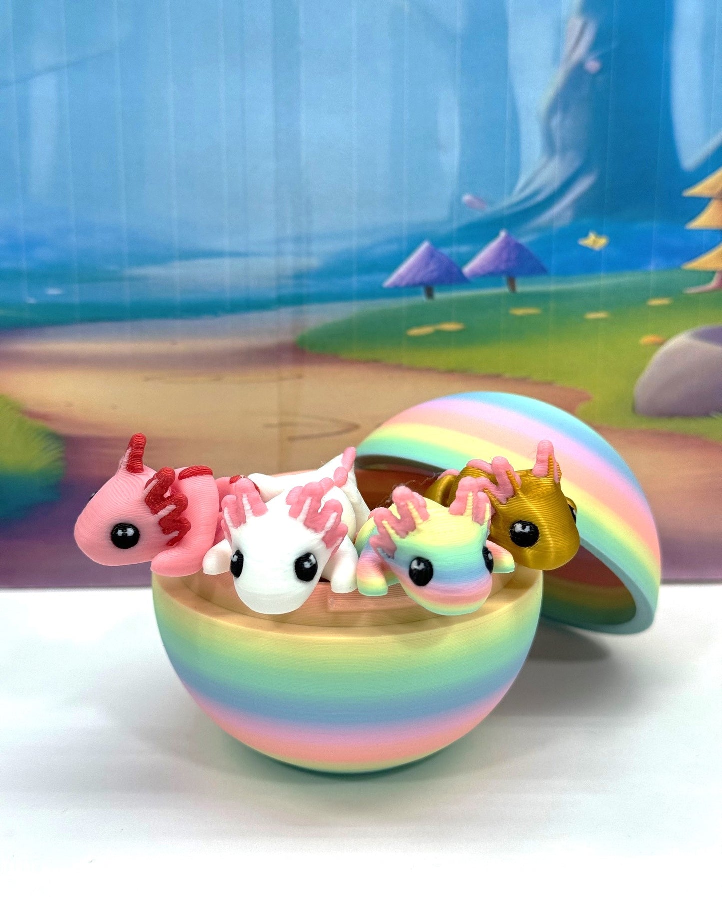 4pcs 3D Printed Articulated Mini Axolotl with Egg, Fidget Miniature Axolotl Ornament Tiny Animal Figures, Birthday Party Decorations MA001-RE