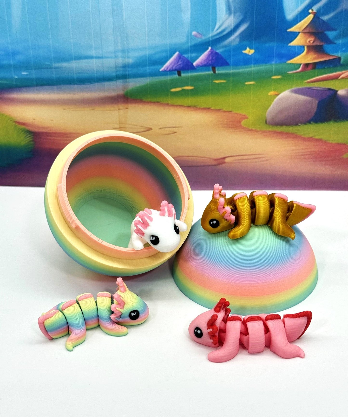 4pcs 3D Printed Articulated Mini Axolotl with Egg, Fidget Miniature Axolotl Ornament Tiny Animal Figures, Birthday Party Decorations MA001-RE