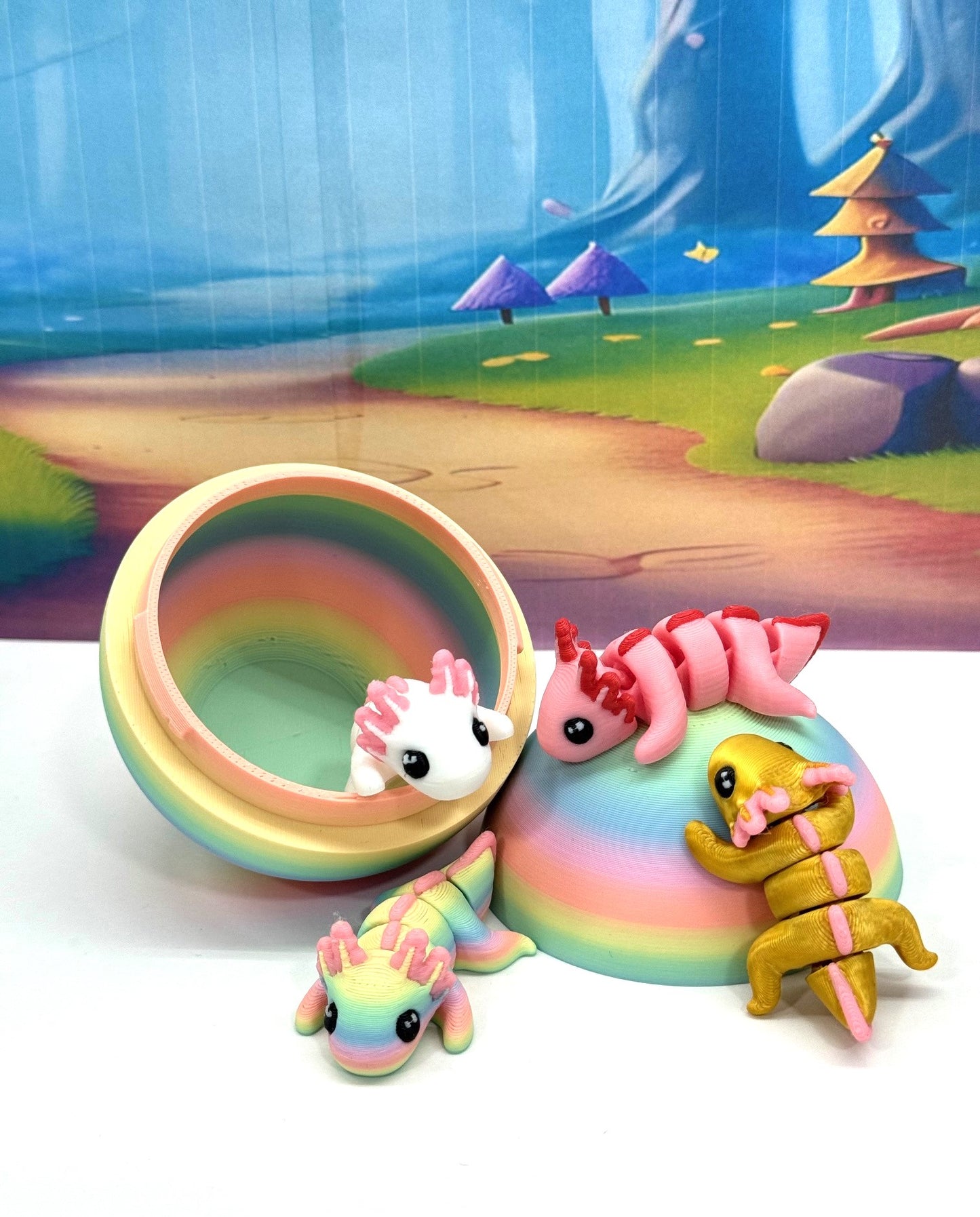 4pcs 3D Printed Articulated Mini Axolotl with Egg, Fidget Miniature Axolotl Ornament Tiny Animal Figures, Birthday Party Decorations MA001-RE