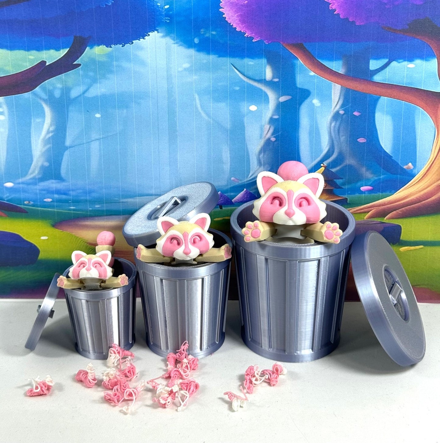 Articulated Racoon with Trash Can, 3D Printed Strawberry Milk Racoons, Trashcan Raccoon, Trash can, Raccoon Toy, Trash Panda, Fidget ADHD Autism Toy AR007