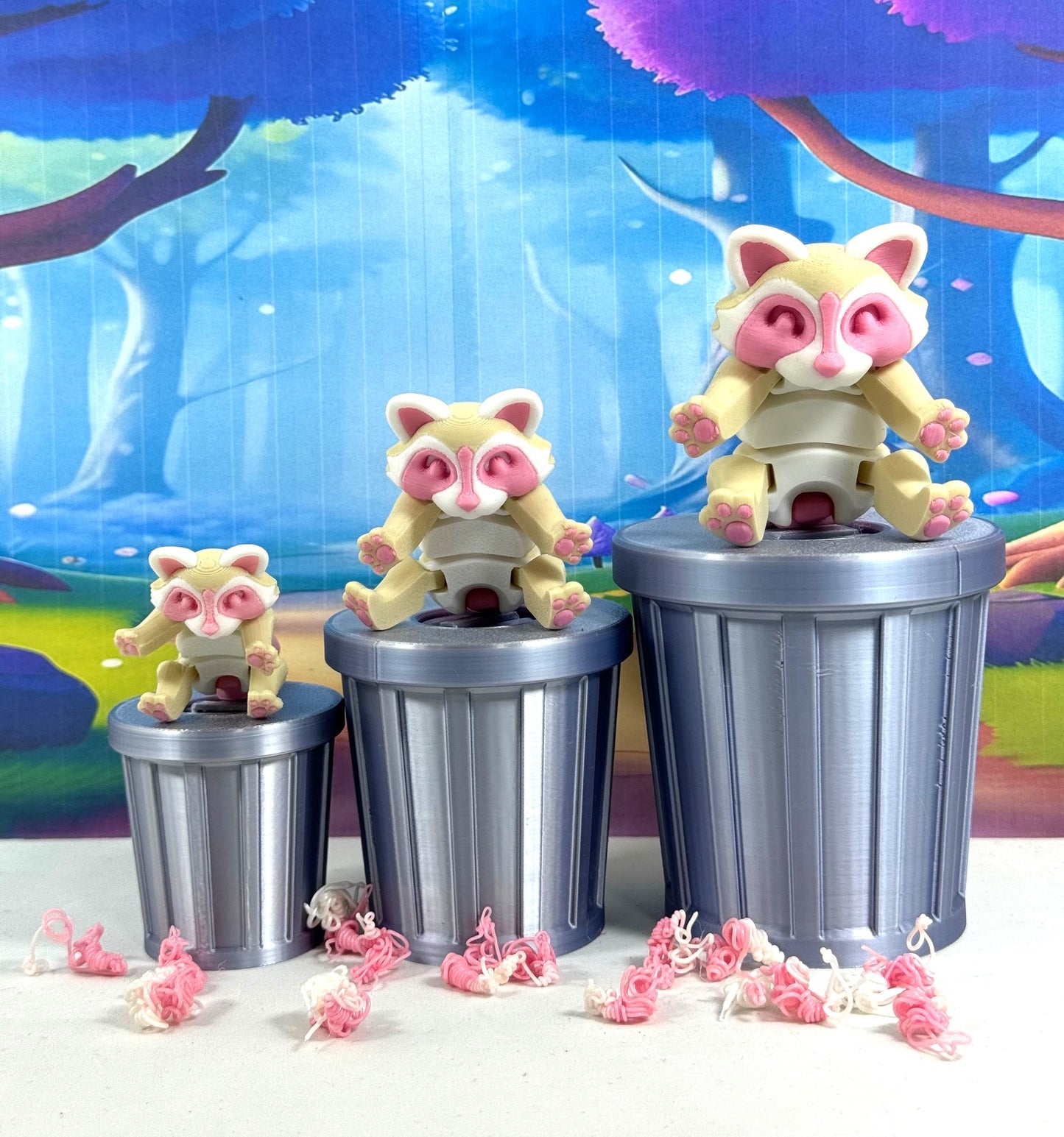 Articulated Racoon with Trash Can, 3D Printed Strawberry Milk Racoons, Trashcan Raccoon, Trash can, Raccoon Toy, Trash Panda, Fidget ADHD Autism Toy AR007
