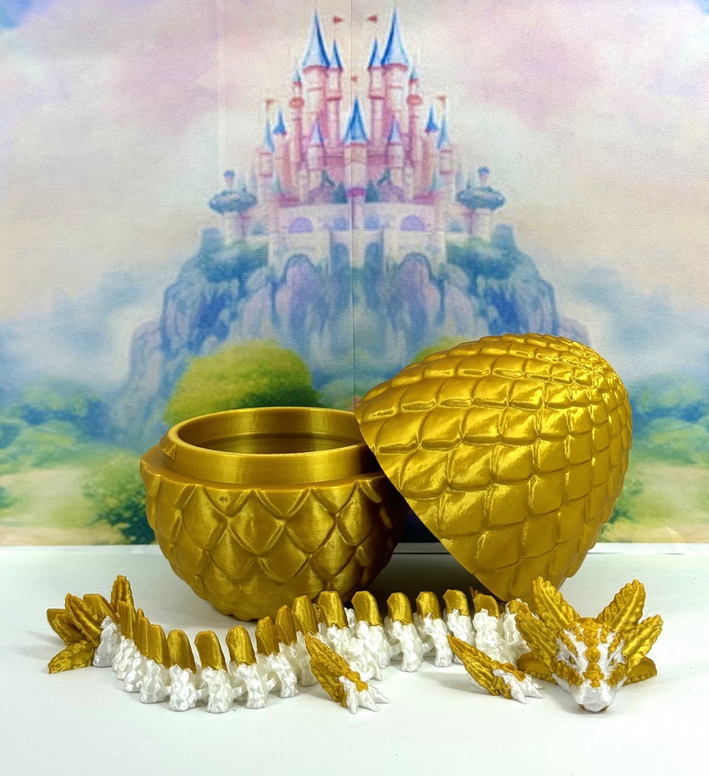 3D Printed Dragon with Dragon Egg, 8.25" Articulated Axolotl Dragon, White and Gold Axolotl Dragon, Fidget ADHD Autism Toy D042-GE