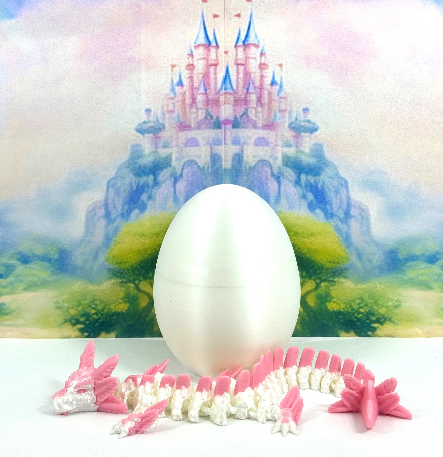 3D Printed Dragon with Dragon Egg, 8.25" Articulated Axolotl Dragon, White and Pink Axolotl Dragon, Fidget ADHD Autism Toy D041WP-WE