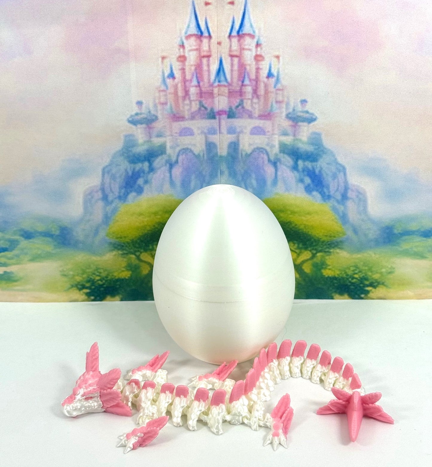 3D Printed Dragon with Dragon Egg, 8.25" Articulated Axolotl Dragon, White and Pink Axolotl Dragon, Fidget ADHD Autism Toy D041WP-WE