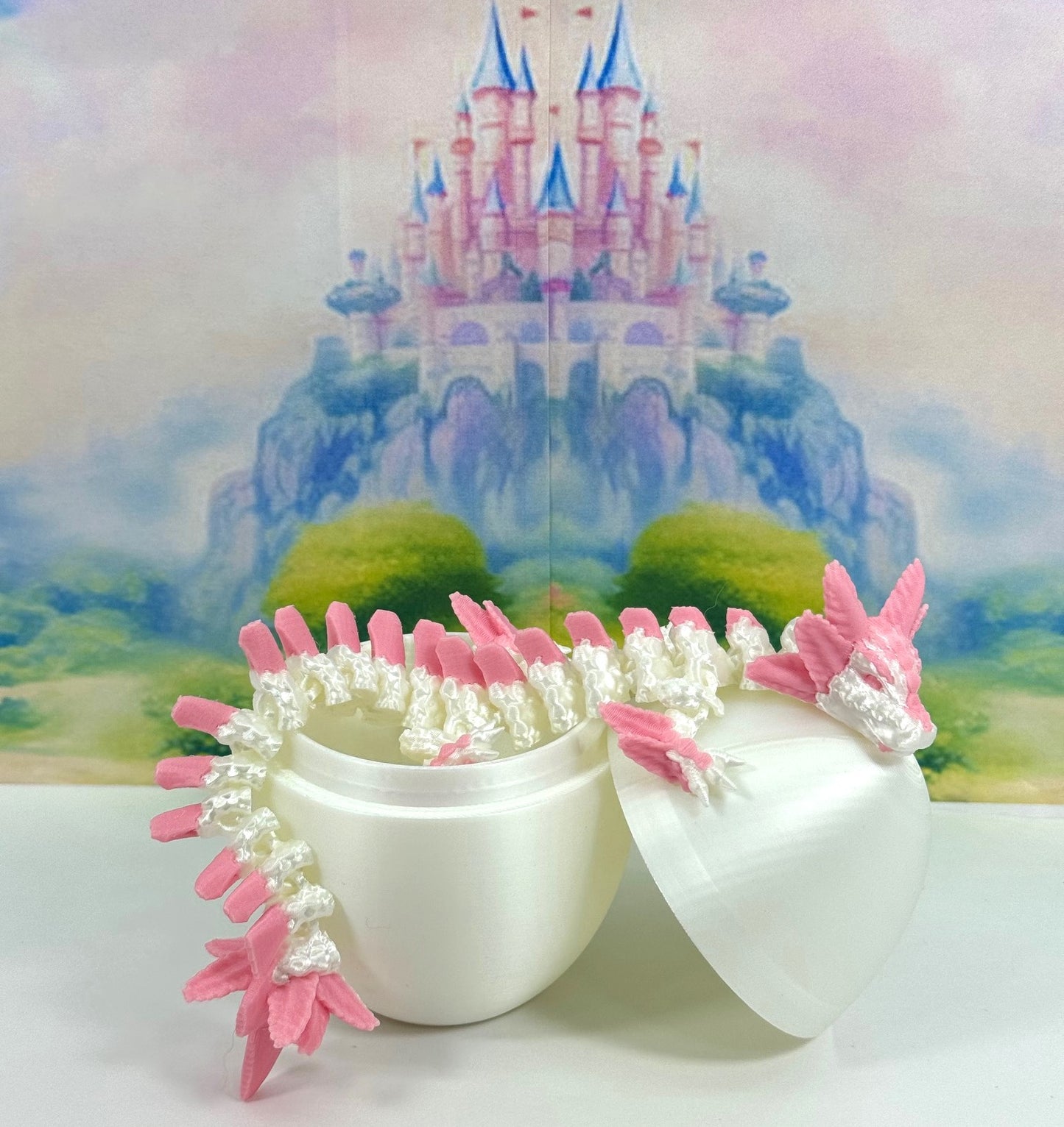 3D Printed Dragon with Dragon Egg, 8.25" Articulated Axolotl Dragon, White and Pink Axolotl Dragon, Fidget ADHD Autism Toy D041WP-WE