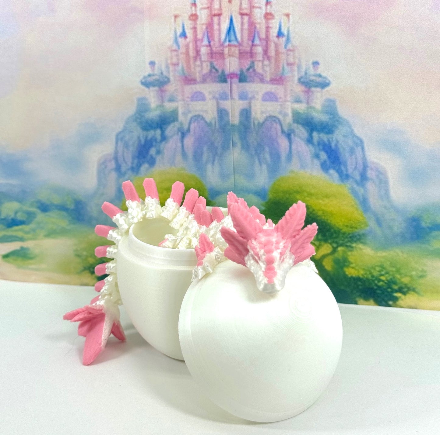 3D Printed Dragon with Dragon Egg, 8.25" Articulated Axolotl Dragon, White and Pink Axolotl Dragon, Fidget ADHD Autism Toy D041WP-WE