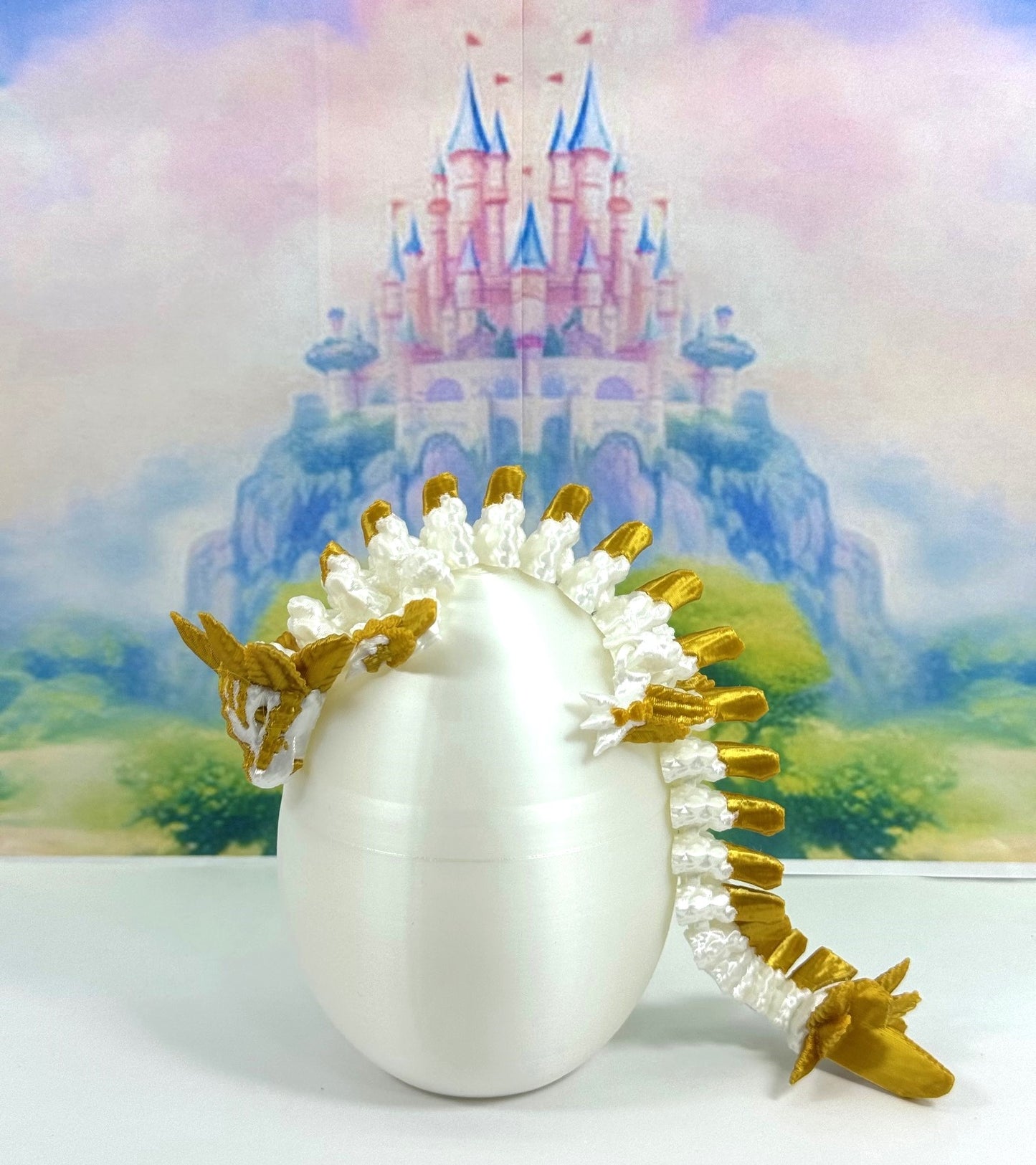 3D Printed Dragon with Dragon Egg, 8.25" Articulated Axolotl Dragon, White and Gold Axolotl Dragon, Fidget ADHD Autism Toy D042-WE