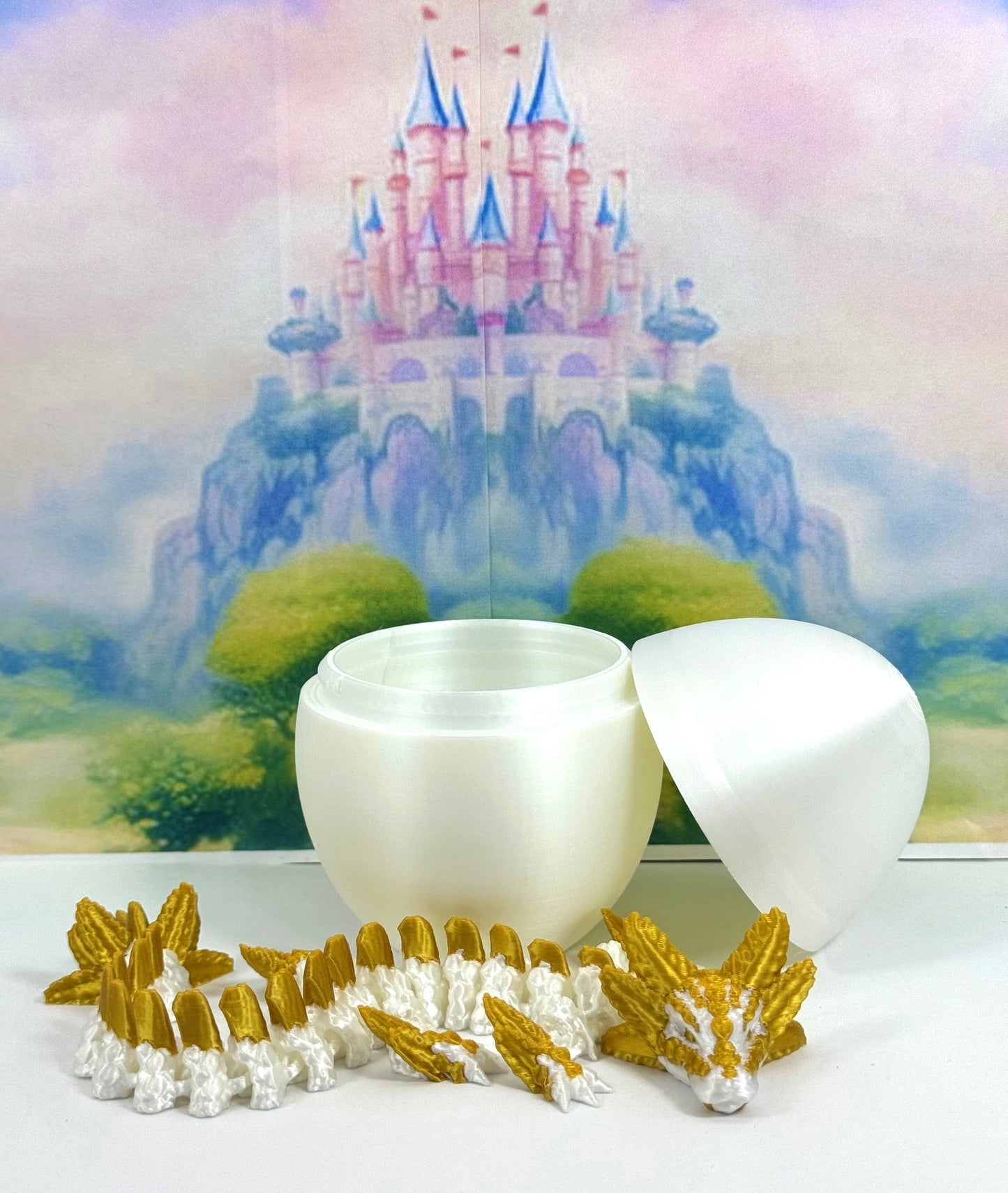 3D Printed Dragon with Dragon Egg, 8.25" Articulated Axolotl Dragon, White and Gold Axolotl Dragon, Fidget ADHD Autism Toy D042-WE