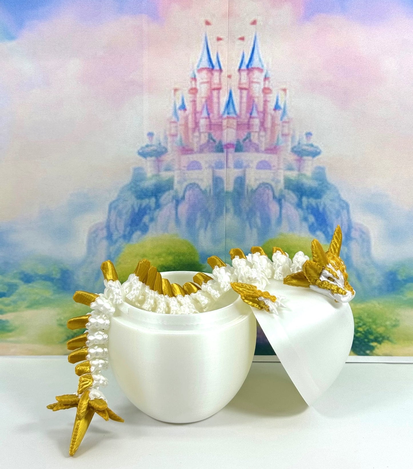 3D Printed Dragon with Dragon Egg, 8.25" Articulated Axolotl Dragon, White and Gold Axolotl Dragon, Fidget ADHD Autism Toy D042-WE