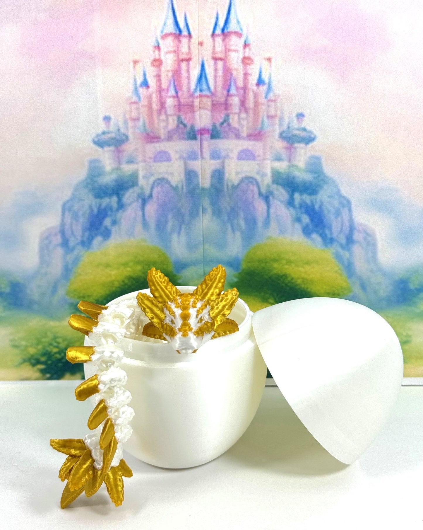 3D Printed Dragon with Dragon Egg, 8.25" Articulated Axolotl Dragon, White and Gold Axolotl Dragon, Fidget ADHD Autism Toy D042-WE