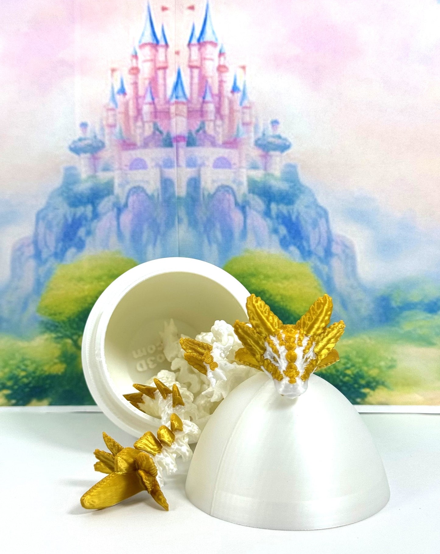 3D Printed Dragon with Dragon Egg, 8.25" Articulated Axolotl Dragon, White and Gold Axolotl Dragon, Fidget ADHD Autism Toy D042-WE