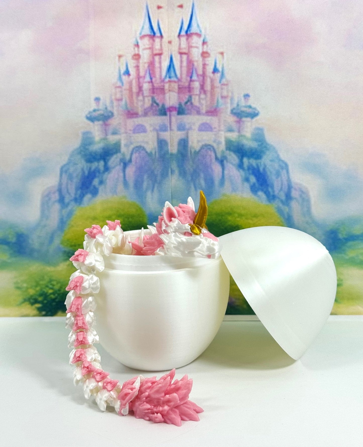 3D Printed Dragon with Dragon Egg, 12" Articulated Unicorn Dragon, White and Pink Unicorn Dragon, Fidget ADHD Autism Toy D051-WE