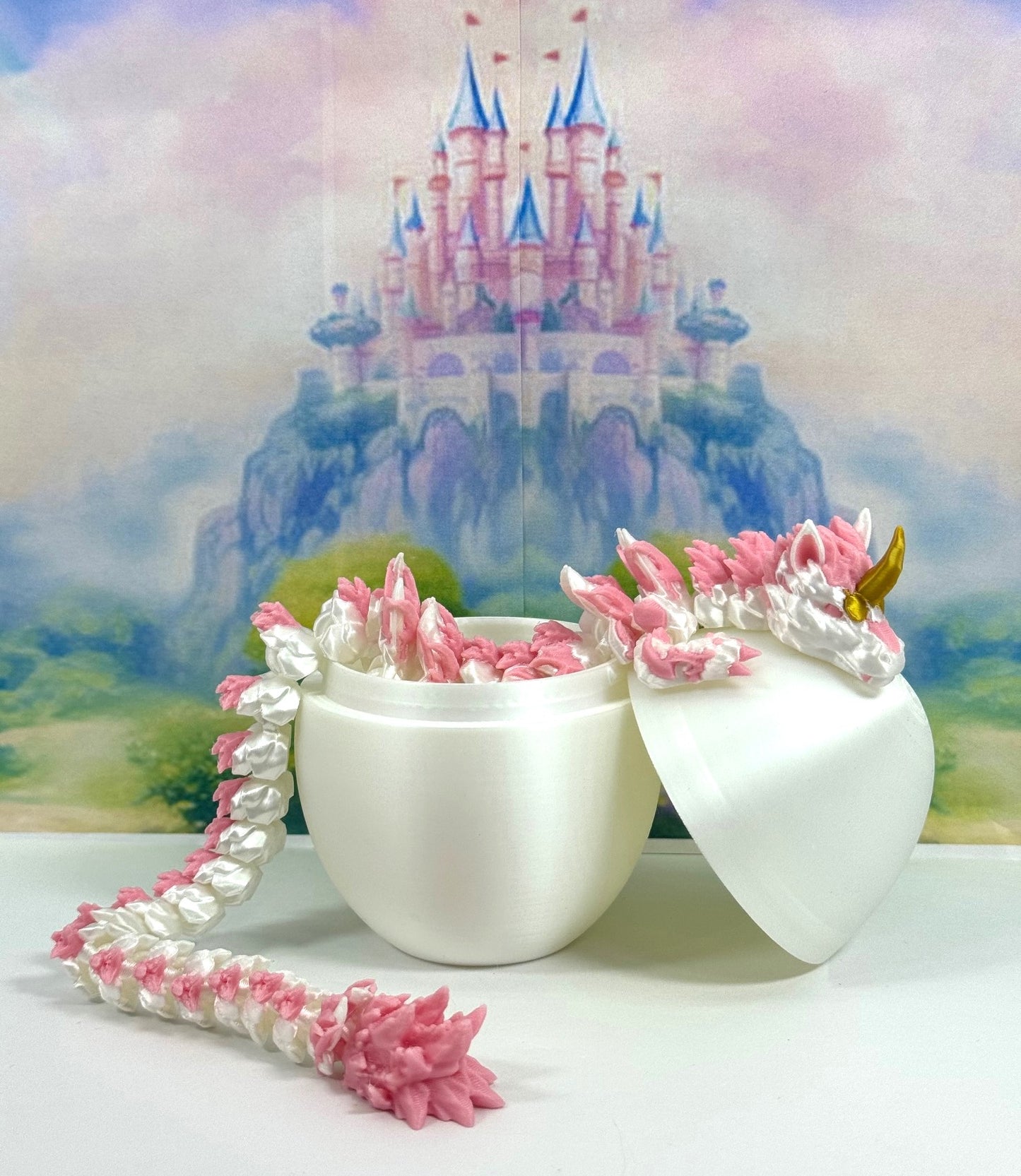 3D Printed Dragon with Dragon Egg, 12" Articulated Unicorn Dragon, White and Pink Unicorn Dragon, Fidget ADHD Autism Toy D051-WE