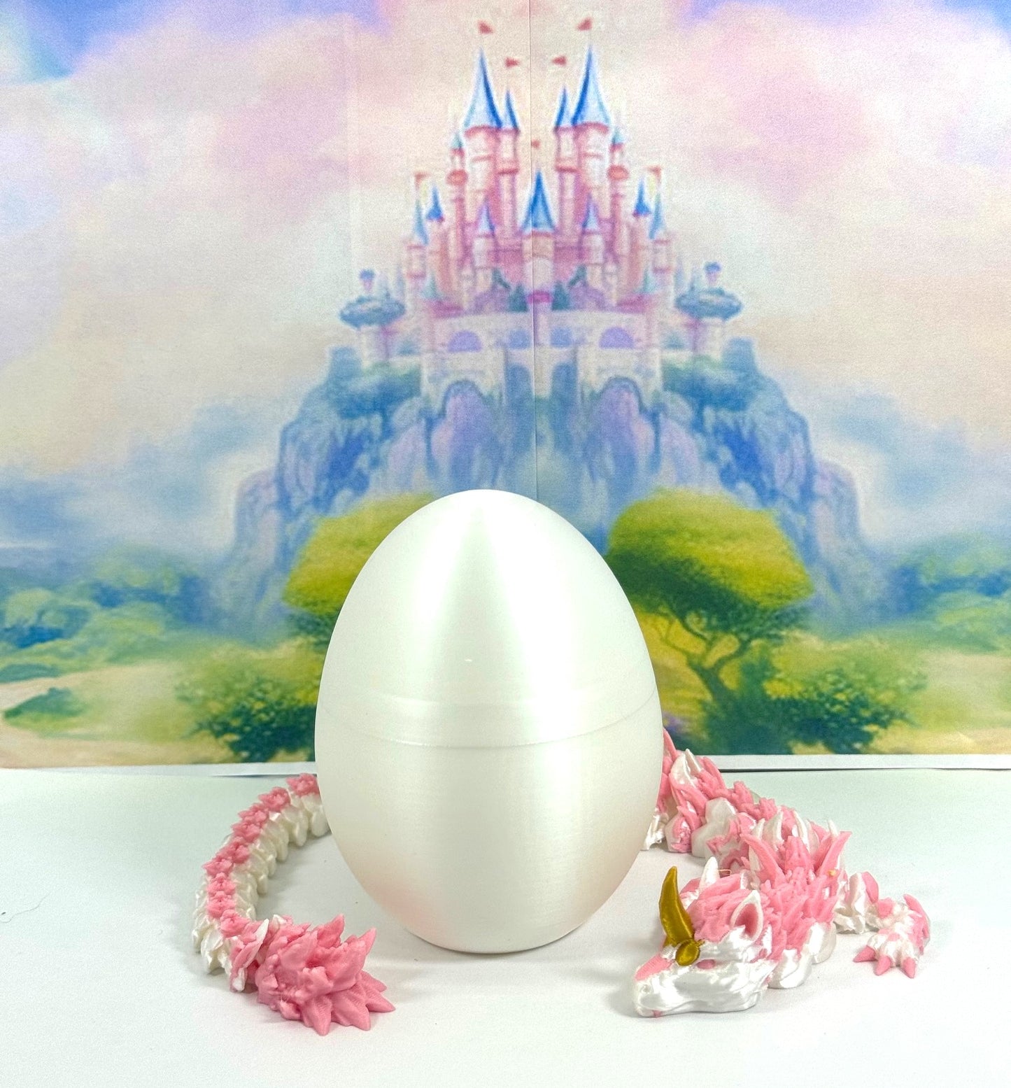 3D Printed Dragon with Dragon Egg, 12" Articulated Unicorn Dragon, White and Pink Unicorn Dragon, Fidget ADHD Autism Toy D051-WE