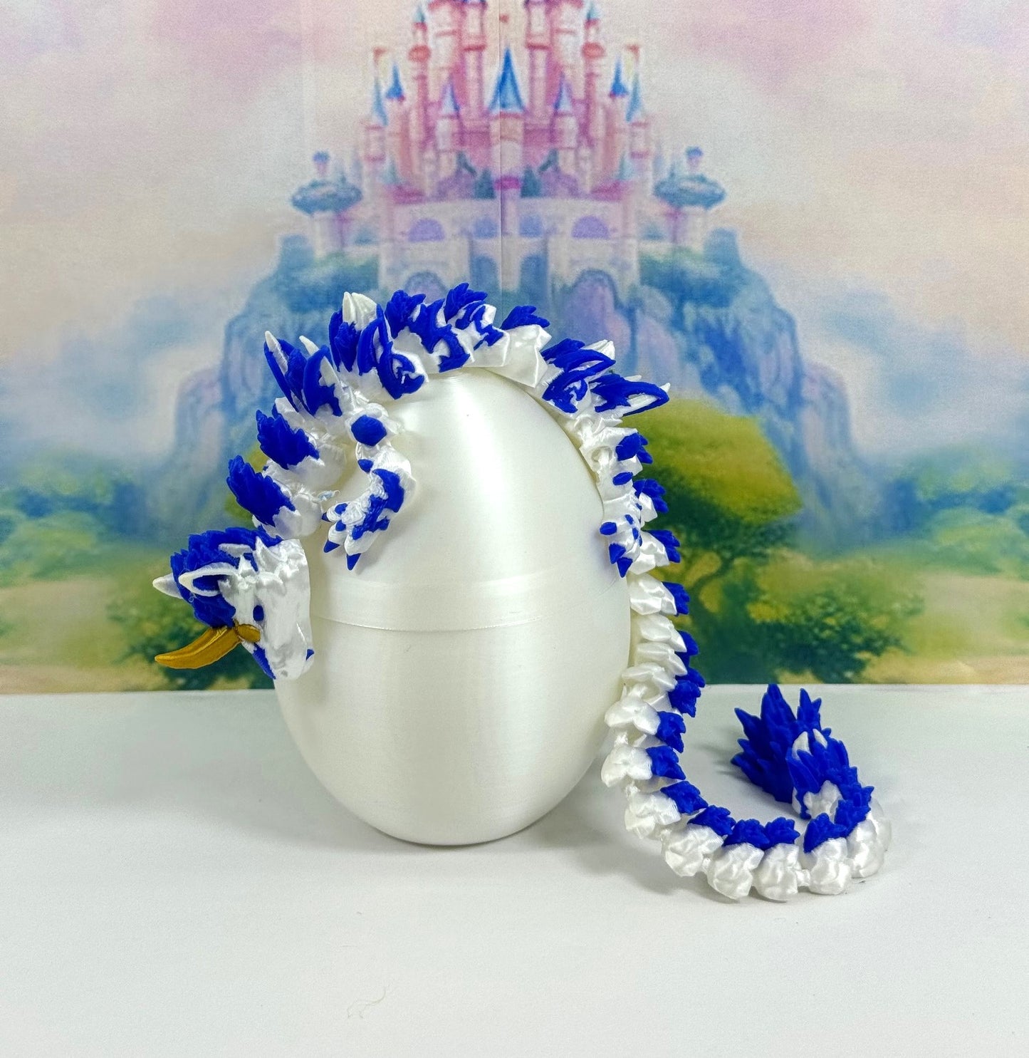 3D Printed Dragon with Dragon Egg, 12" Articulated Unicorn Dragon, White and Pink Unicorn Dragon, Fidget ADHD Autism Toy D052-WE