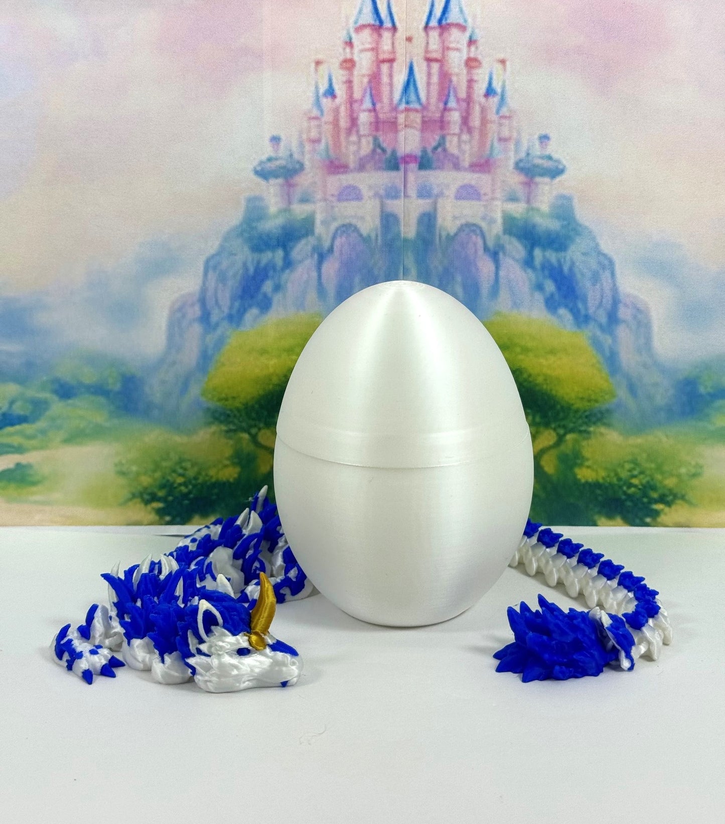 3D Printed Dragon with Dragon Egg, 12" Articulated Unicorn Dragon, White and Pink Unicorn Dragon, Fidget ADHD Autism Toy D052-WE