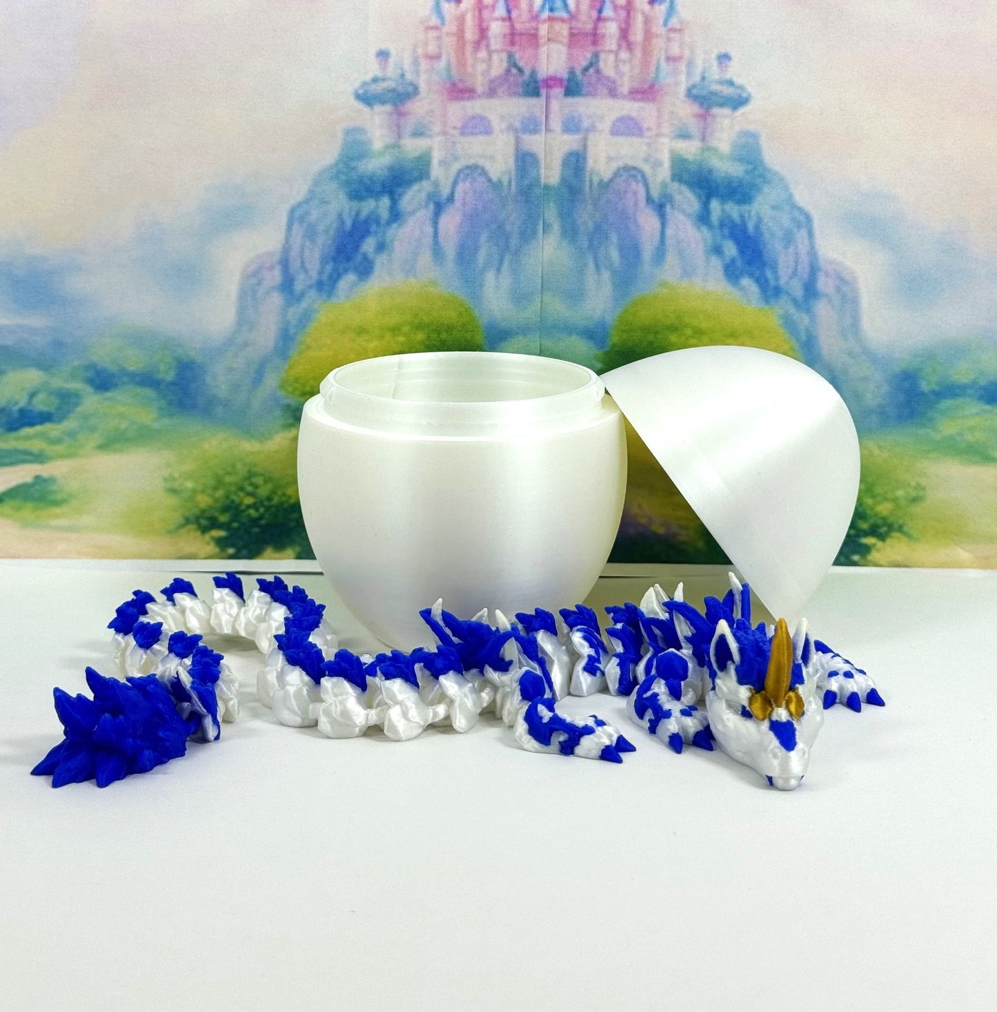 3D Printed Dragon with Dragon Egg, 12" Articulated Unicorn Dragon, White and Pink Unicorn Dragon, Fidget ADHD Autism Toy D052-WE