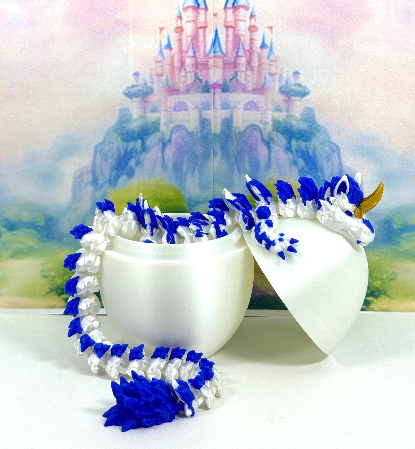 3D Printed Dragon with Dragon Egg, 12" Articulated Unicorn Dragon, White and Pink Unicorn Dragon, Fidget ADHD Autism Toy D052-WE