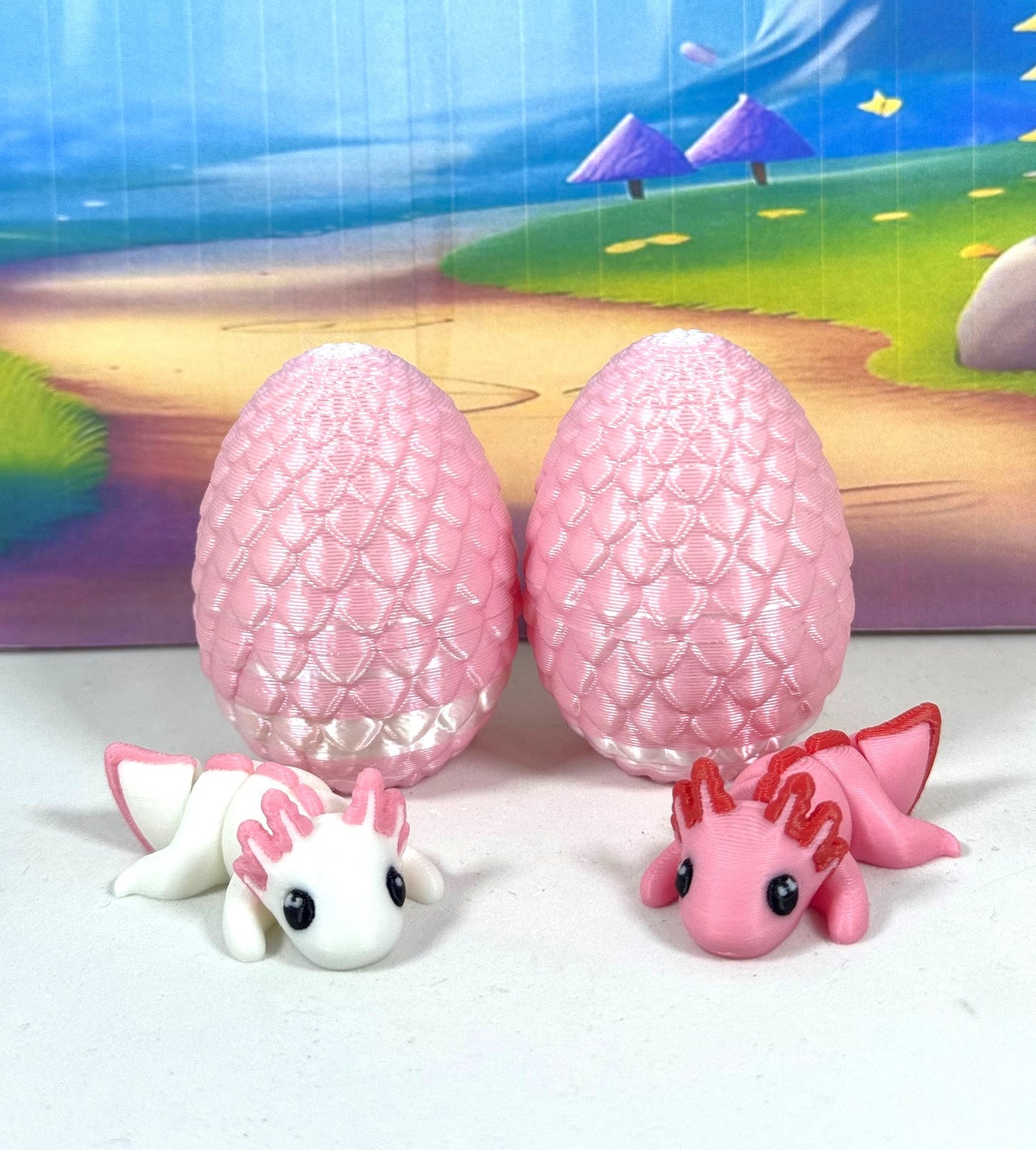 4pcs 3D Printed Articulated Mini Axolotl with Eggs, Fidget Mini Axolotl Toy, Executive Desk Toy, Party Decorations MA001-4X