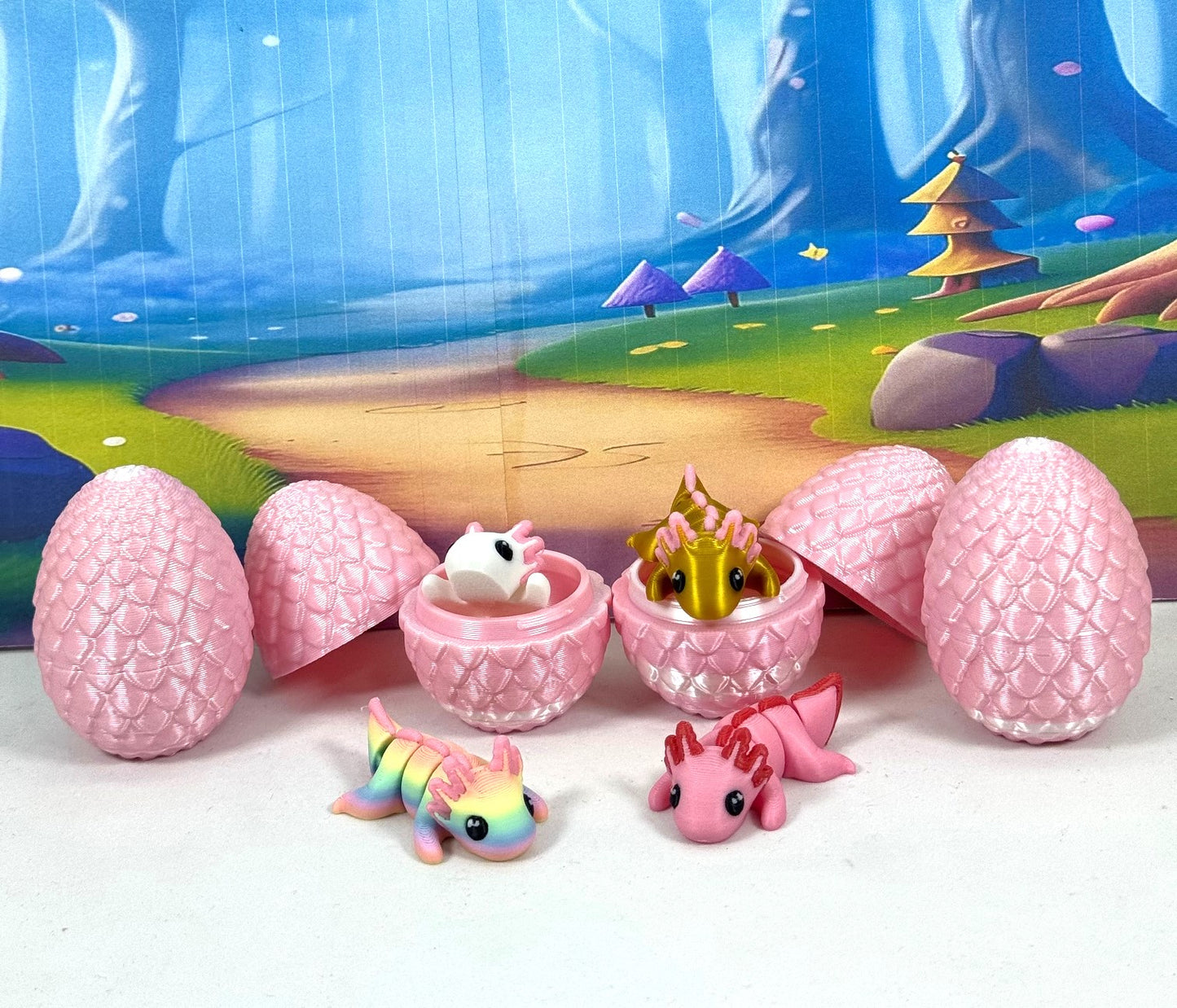 4pcs 3D Printed Articulated Mini Axolotl with Eggs, Fidget Mini Axolotl Toy, Executive Desk Toy, Party Decorations MA001-4X