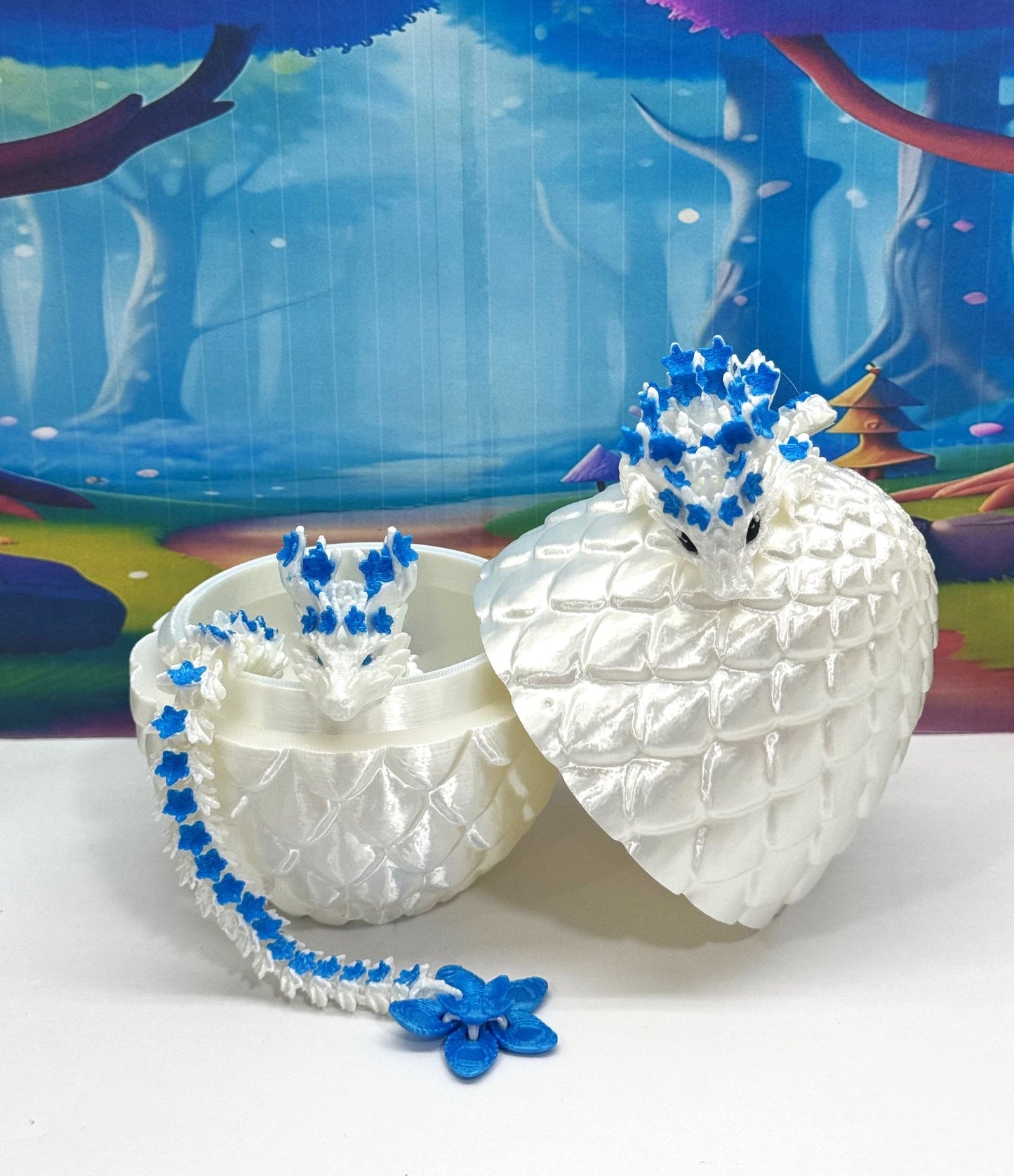 2pcs 3D Printed Dragons with Dragon Egg, Articulated White and Blue Cherry Blossom Dragons, 3D Printed Gift Birthday Party, Fidget ADHD Autism Toy MCD-017-004WB