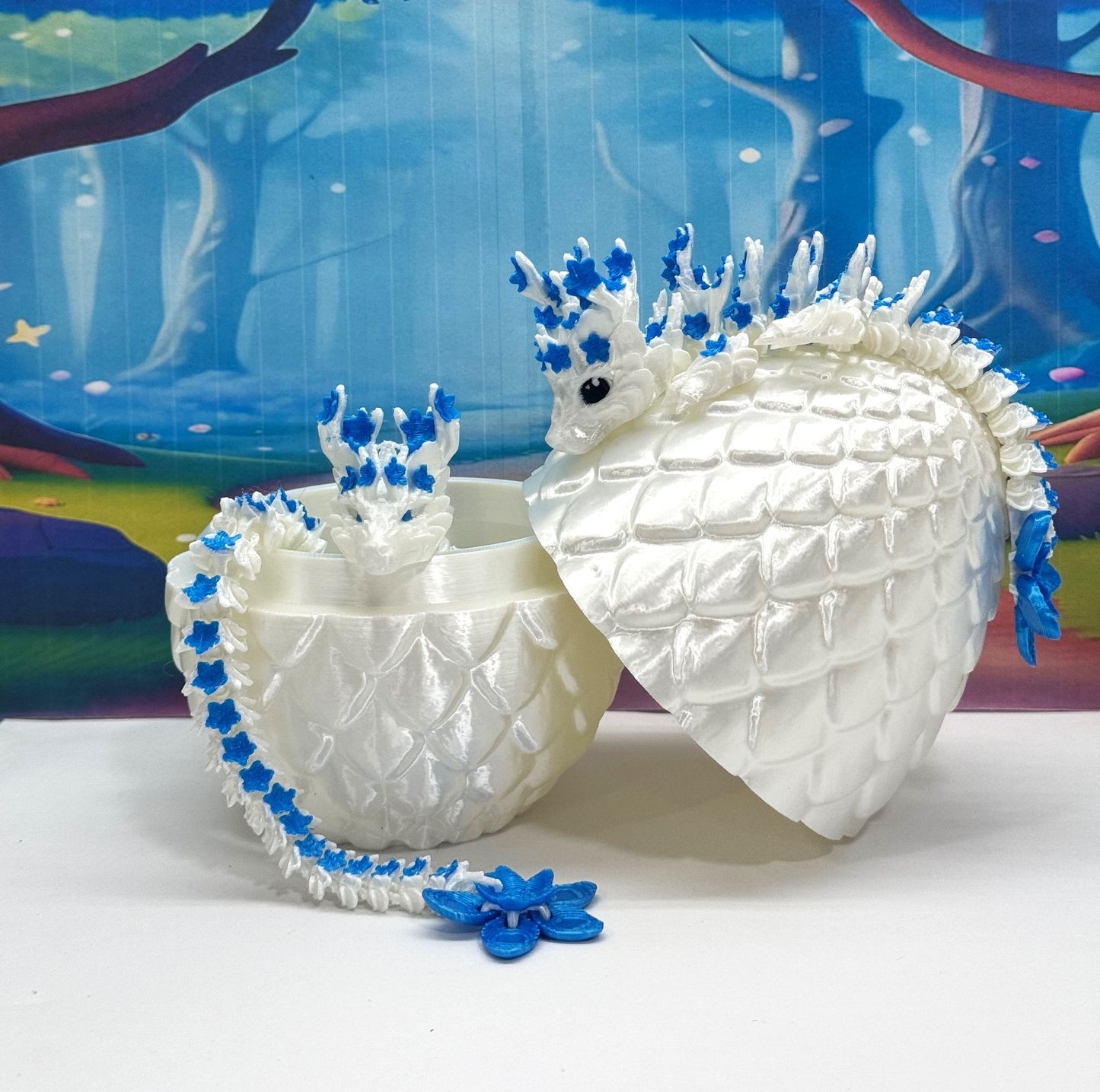 2pcs 3D Printed Dragons with Dragon Egg, Articulated White and Blue Cherry Blossom Dragons, 3D Printed Gift Birthday Party, Fidget ADHD Autism Toy MCD-017-004WB